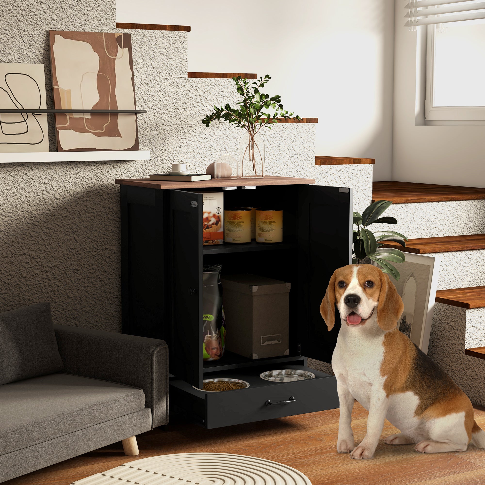 pawhut-station-d-alimentation-chien-avec-rangement-et-gamelles-sur-lev-es-noir image 4