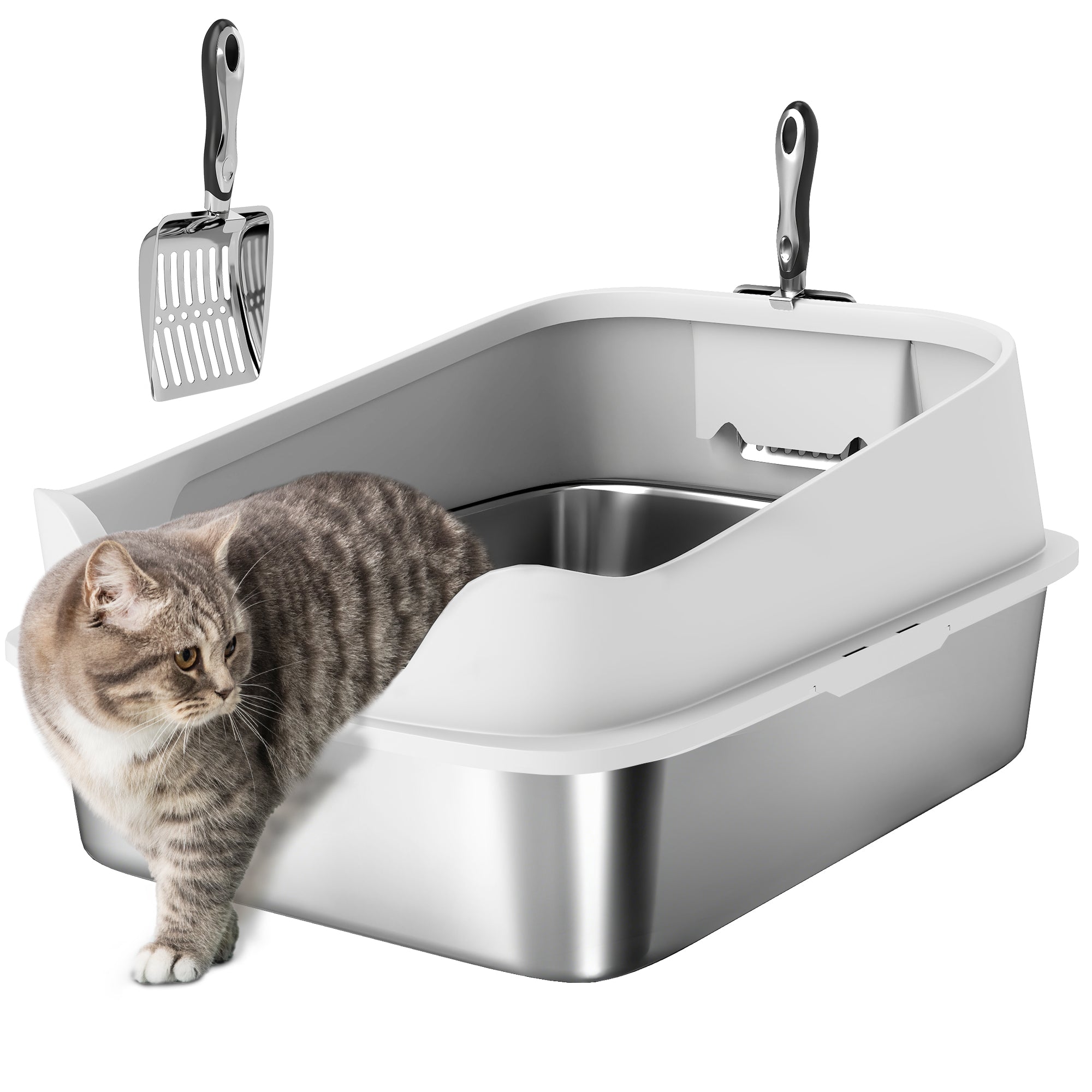 pawhut-bac-liti-re-chat-inox-avec-pelle-bords-hauts-60-cm-gris image 1