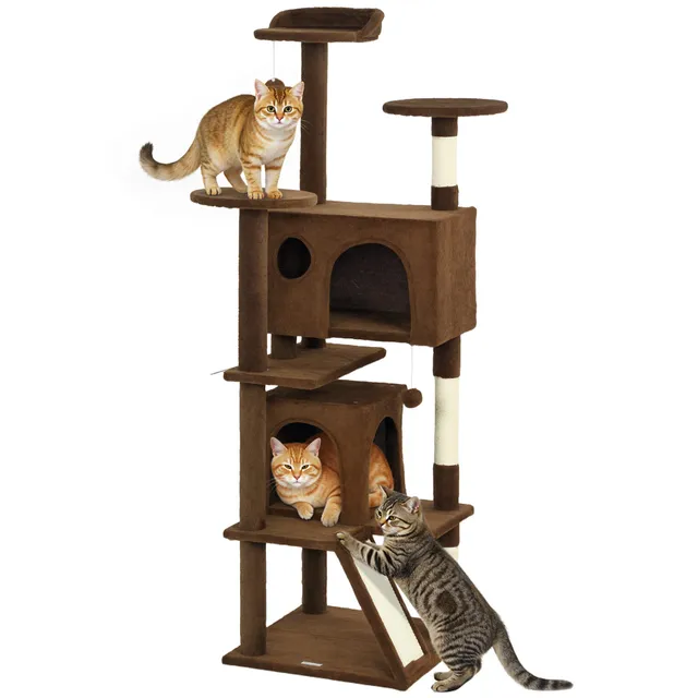 pawhut-arbre-chat-63-avec-condos-lit-rampe-et-griffoirs-marron-clair image 1