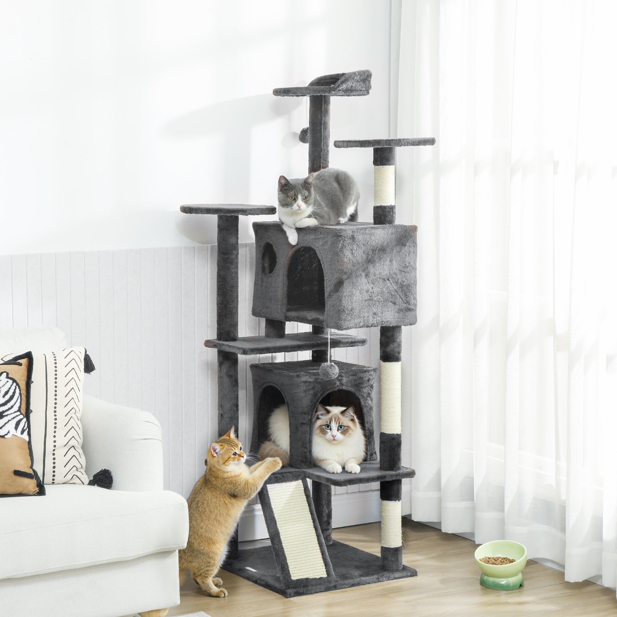 pawhut-arbre-chat-160-cm-avec-niches-lit-rampe-et-griffoir-gris-fonc image 3