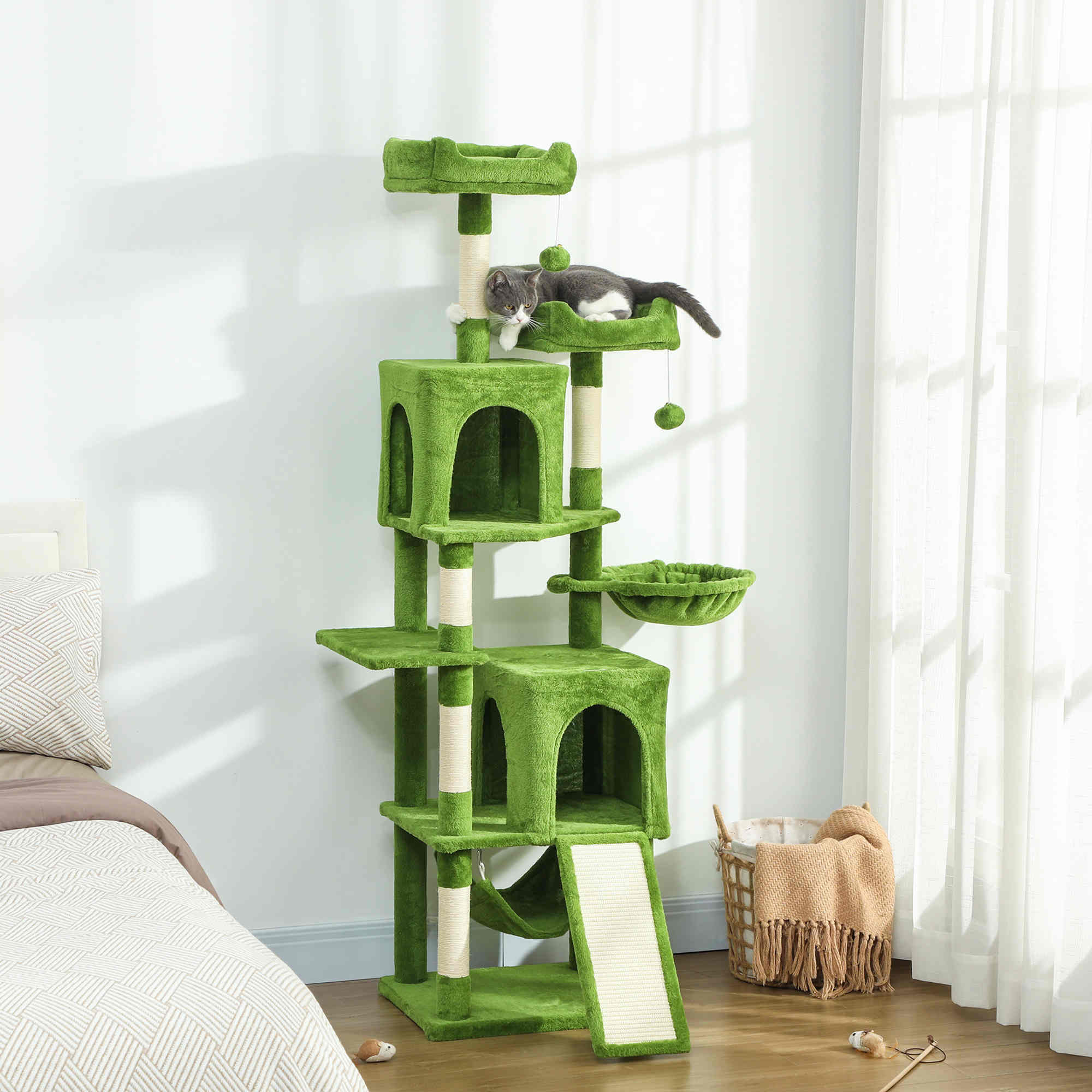 pawhut-arbre-chat-177-cm-avec-2-niches-2-perchoirs-et-hamac-vert image 3