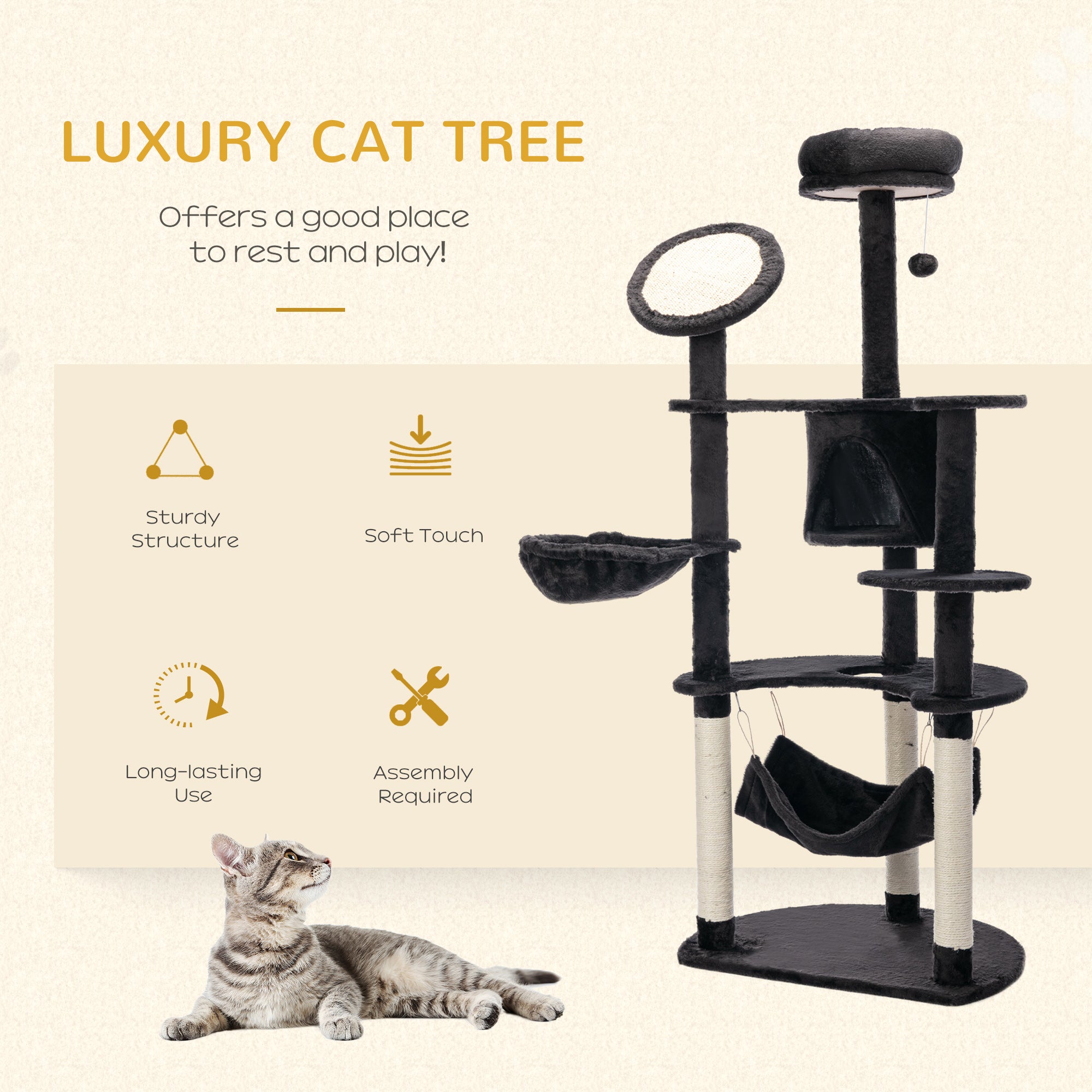 pawhut-arbre-chat-152-cm-avec-niche-2-hamacs-et-griffoirs-gris-fonc image 6