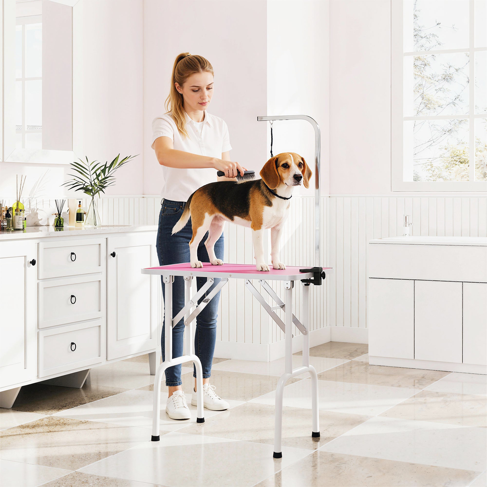 pawhut-table-de-toilettage-pliable-81-cm-rose-avec-bras-r-glable-et-surface-anti image 3