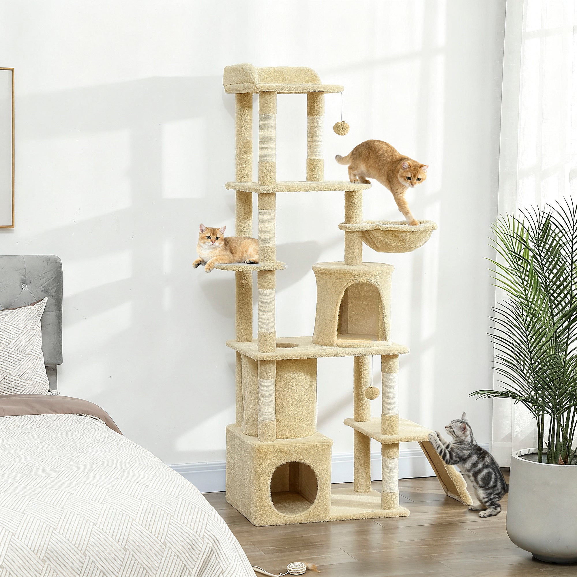 pawhut-arbre-chat-g-ant-170-cm-7-griffoirs-2-niches-hamac-beige image 4