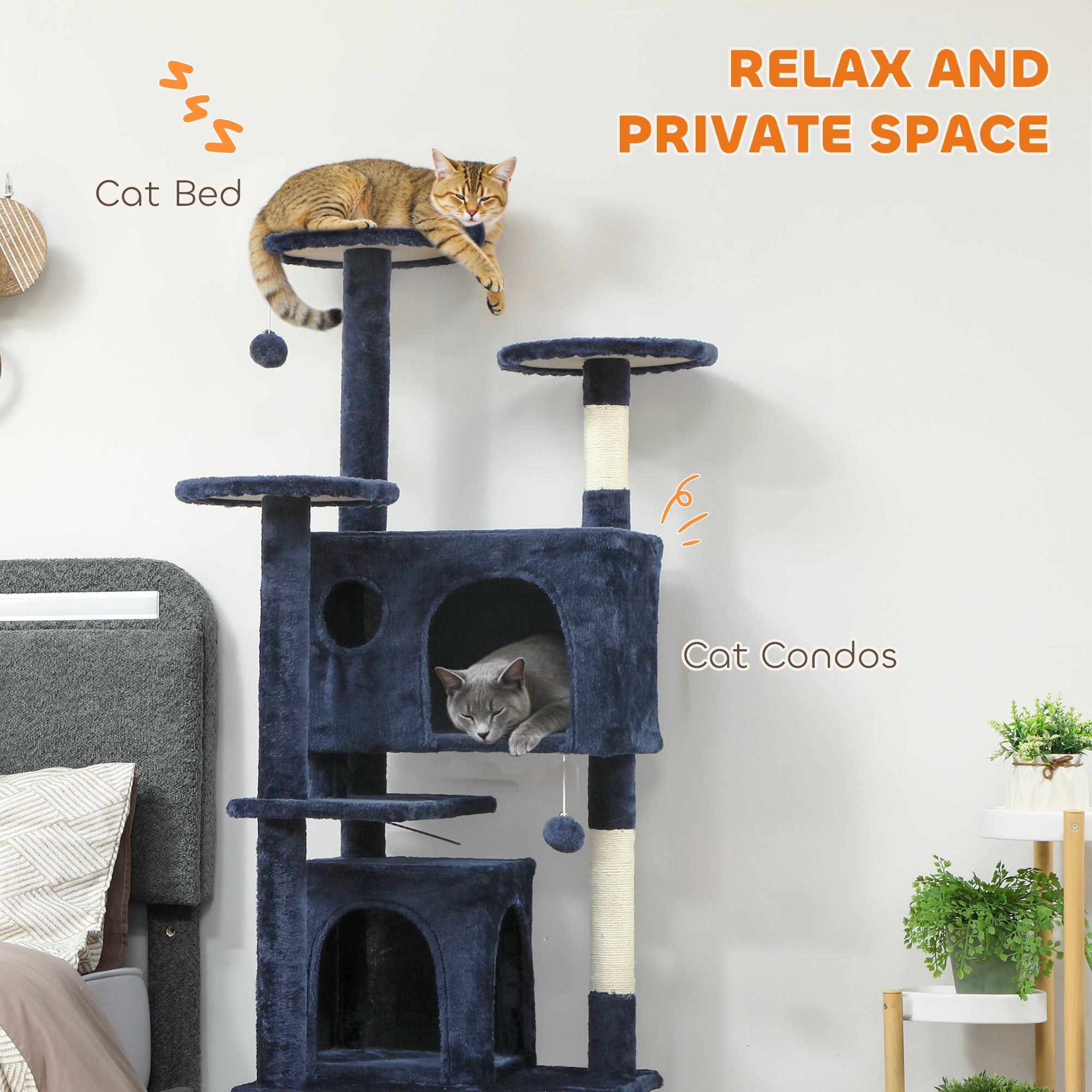 pawhut-arbre-chat-63-avec-condos-lit-rampe-et-griffoirs-bleu-fonc image 7