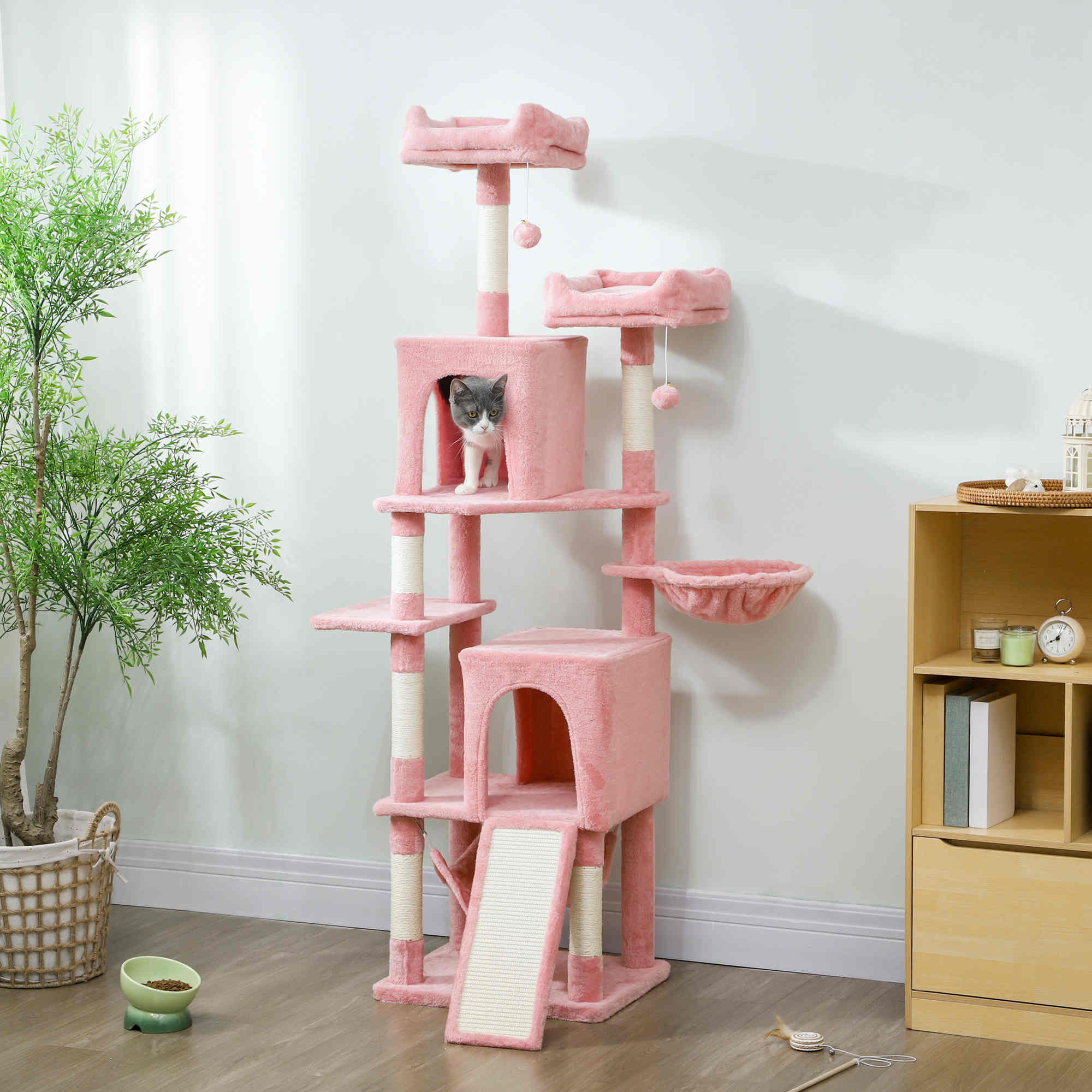 pawhut-arbre-chat-177-cm-2-niches-2-perchoirs-et-hamac-rose image 4