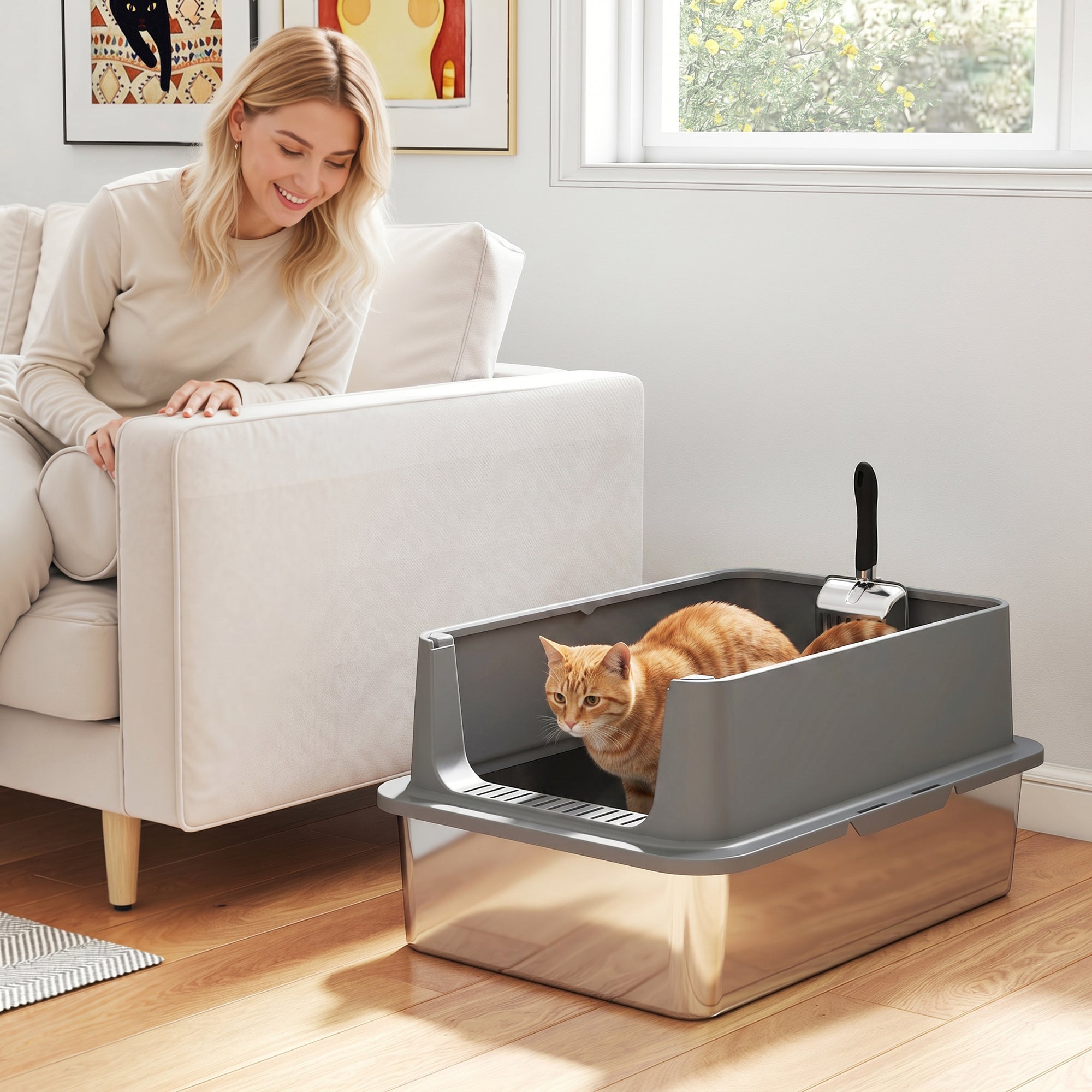 pawhut-bac-liti-re-chat-xl-inox-avec-pelle-et-parois-hautes-gris-fonc image 3