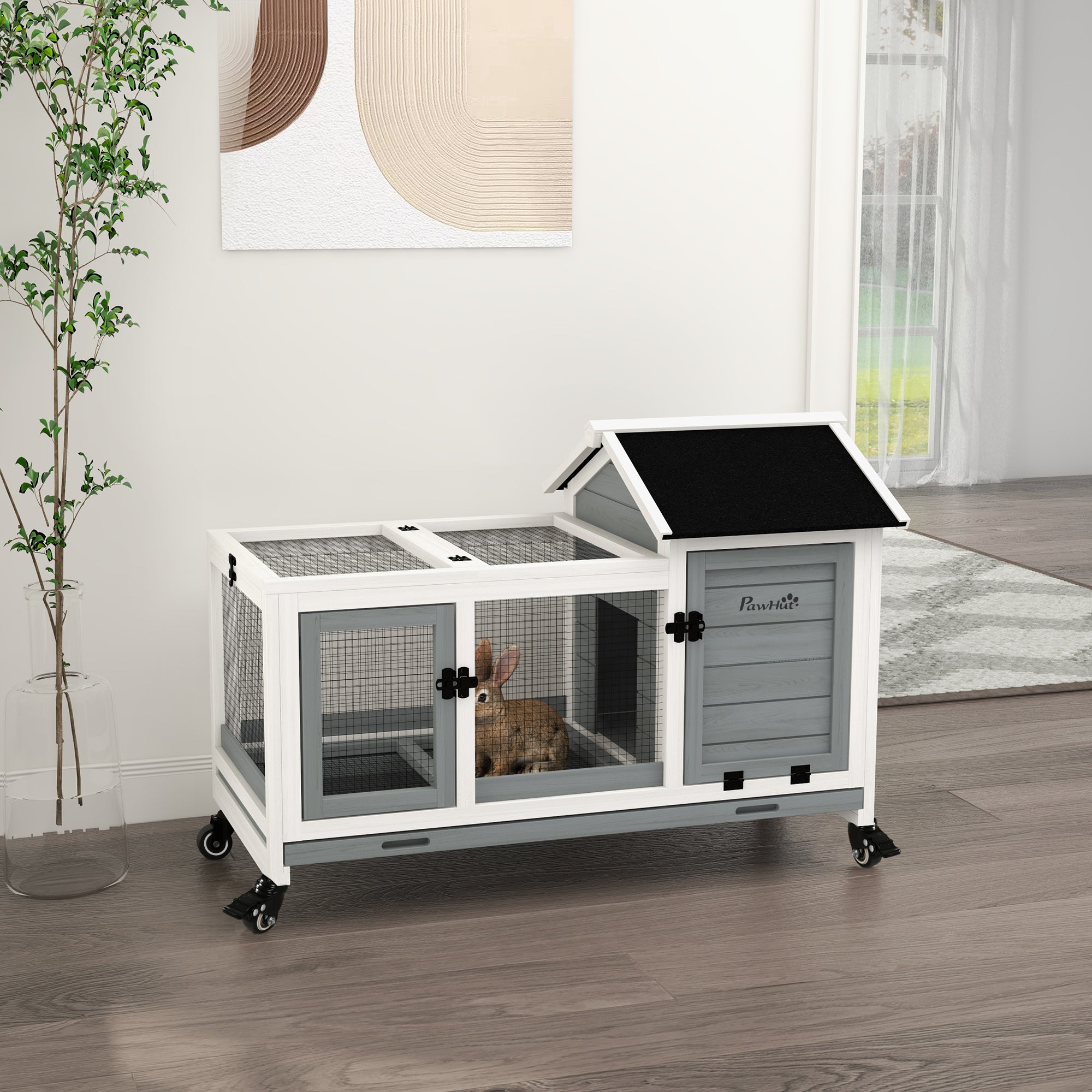 pawhut-clapier-lapin-bois-mobile-avec-enclos-gris image 3