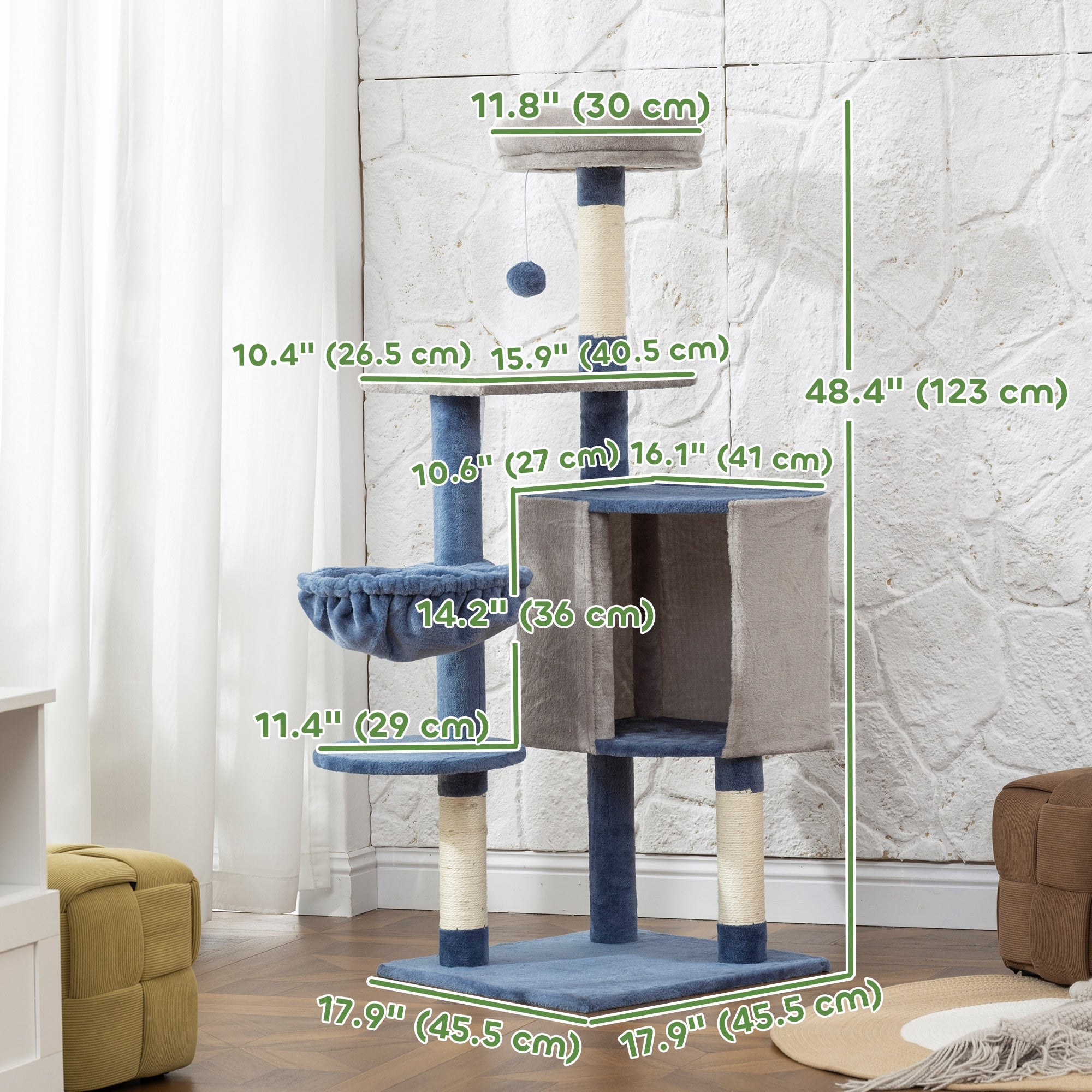 pawhut-arbre-chat-moderne-122-cm-bleu-gris-avec-niche-hamac-et-perchoir image 5