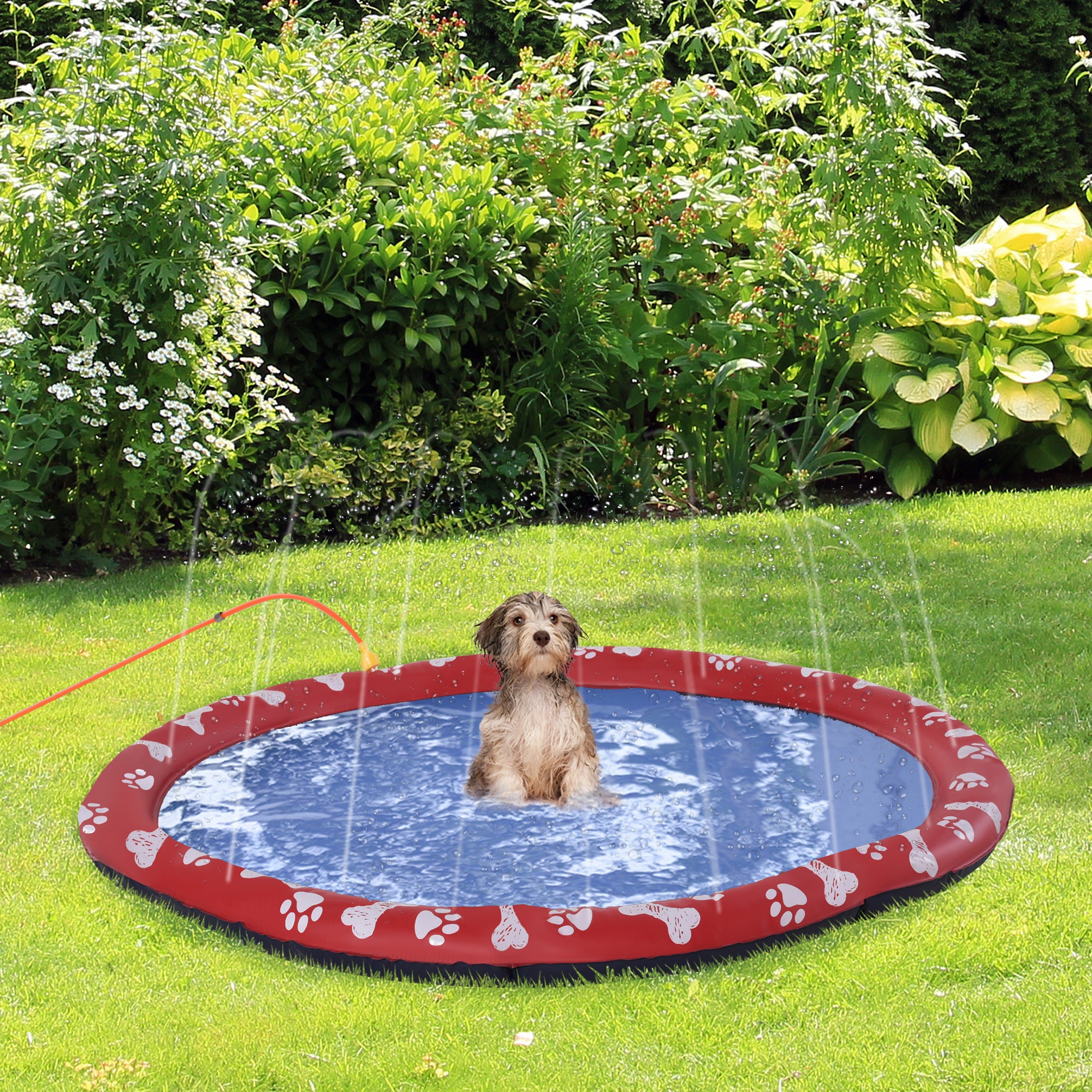 pawhut-tapis-splash-pad-chien-150-cm-rouge-antid-rapant-arrosage-pliable-ext-rie image 3