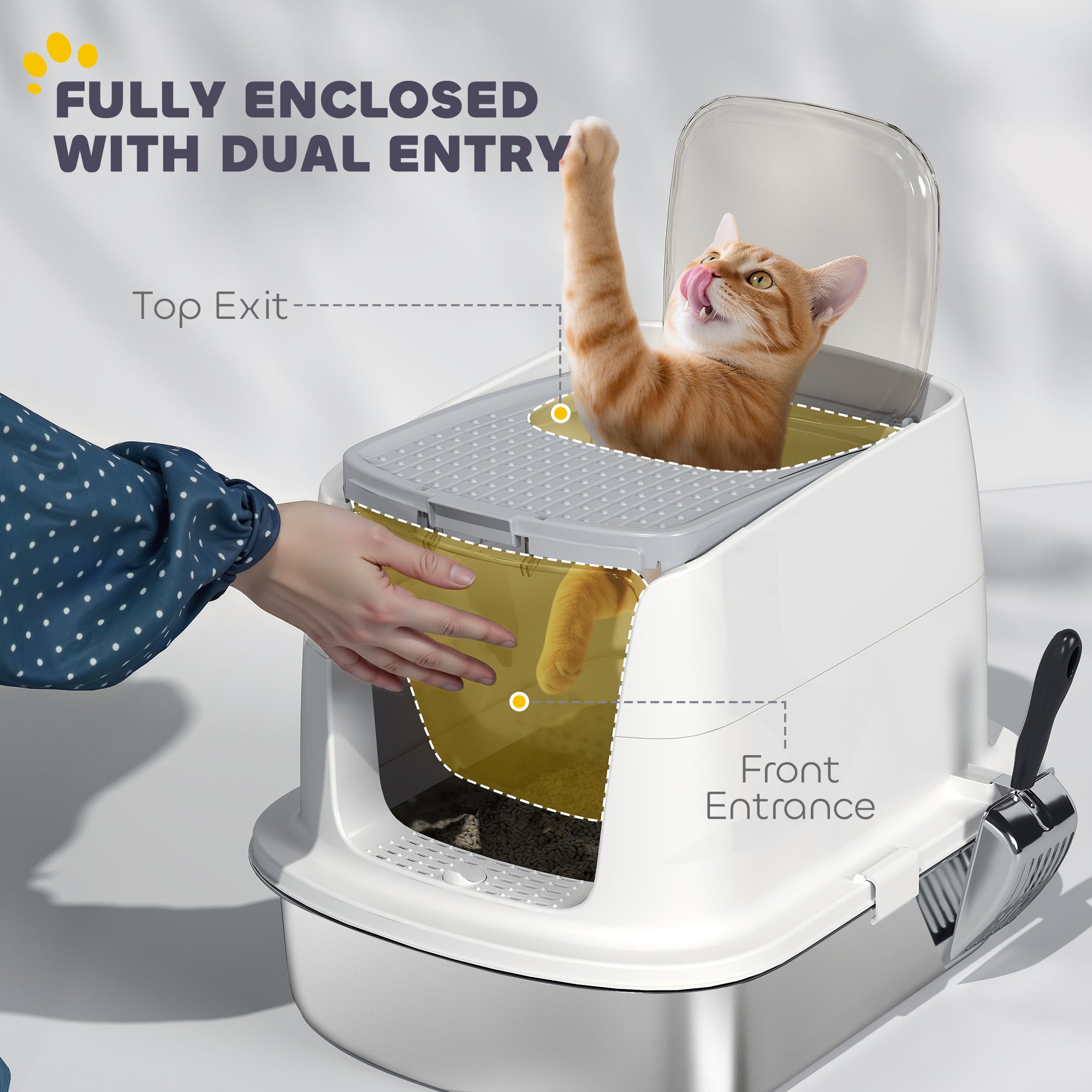 pawhut-bac-liti-re-pour-chat-avec-capot-en-inox-avec-pelle-et-d-sodorisant-blanc image 7