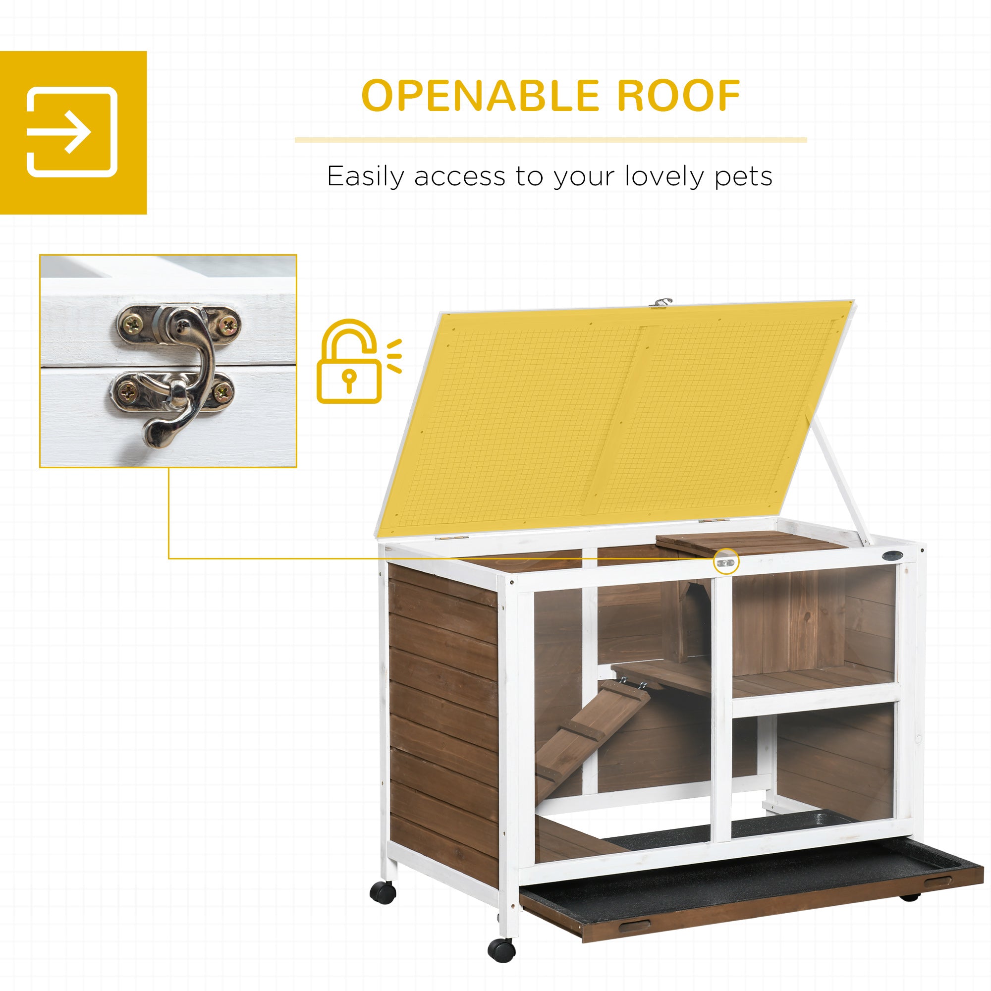 pawhut-cage-pour-petit-animal-en-bois-2-tages-toit-ouvrant-mobile-marron image 7