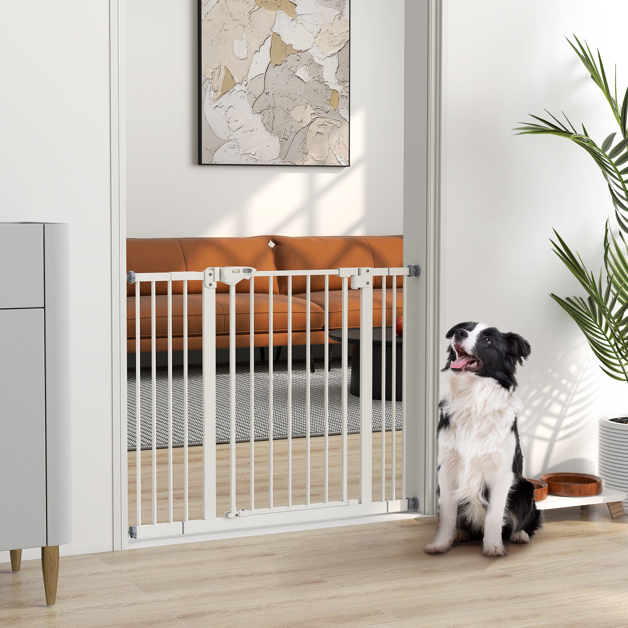 pawhut-barri-re-de-s-curit-animaux-haute-76-cm-avec-porte-blanche-74-100-cm image 3