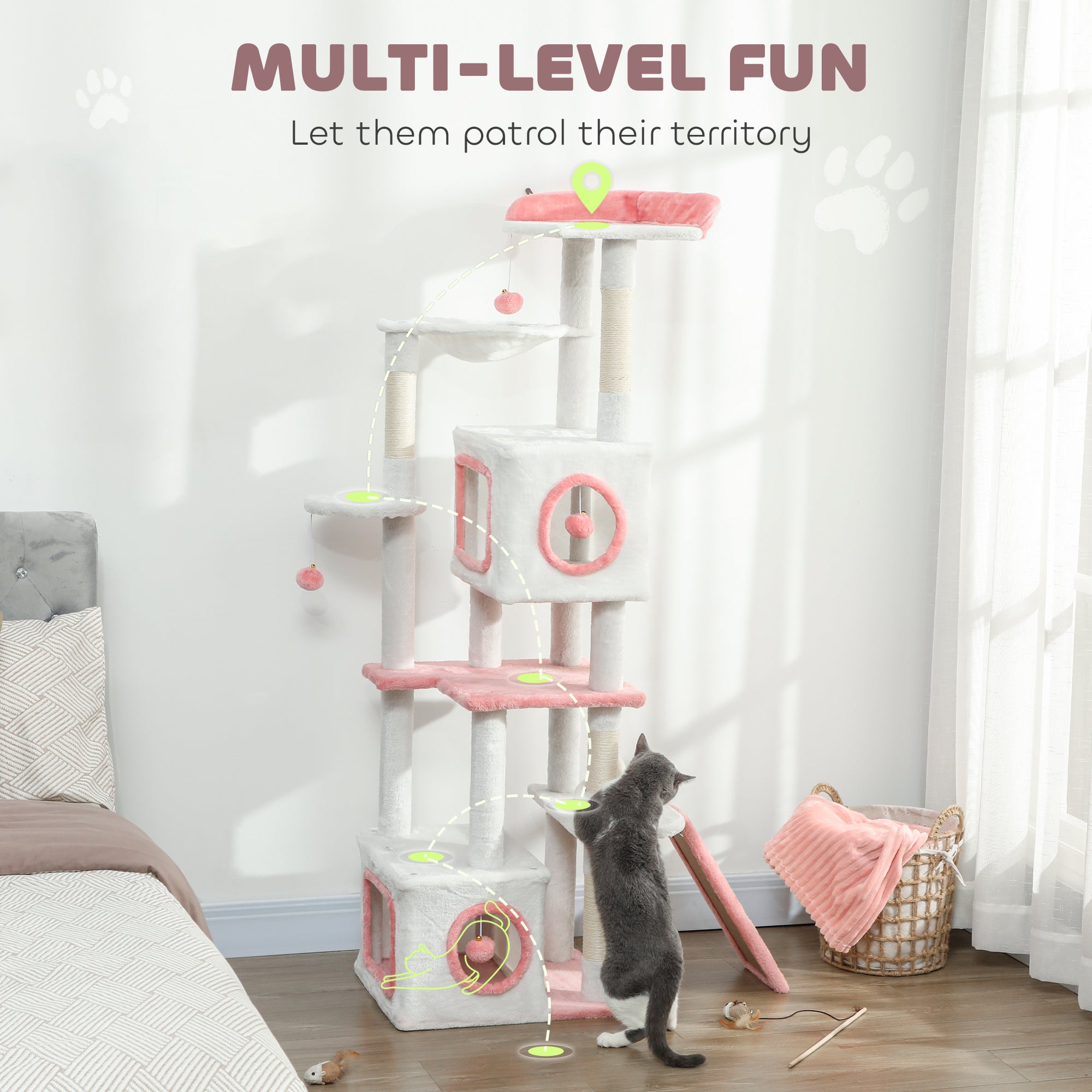 pawhut-arbre-chat-165-cm-blanc-avec-2-niches-hamac-rampe-et-perchoir image 6