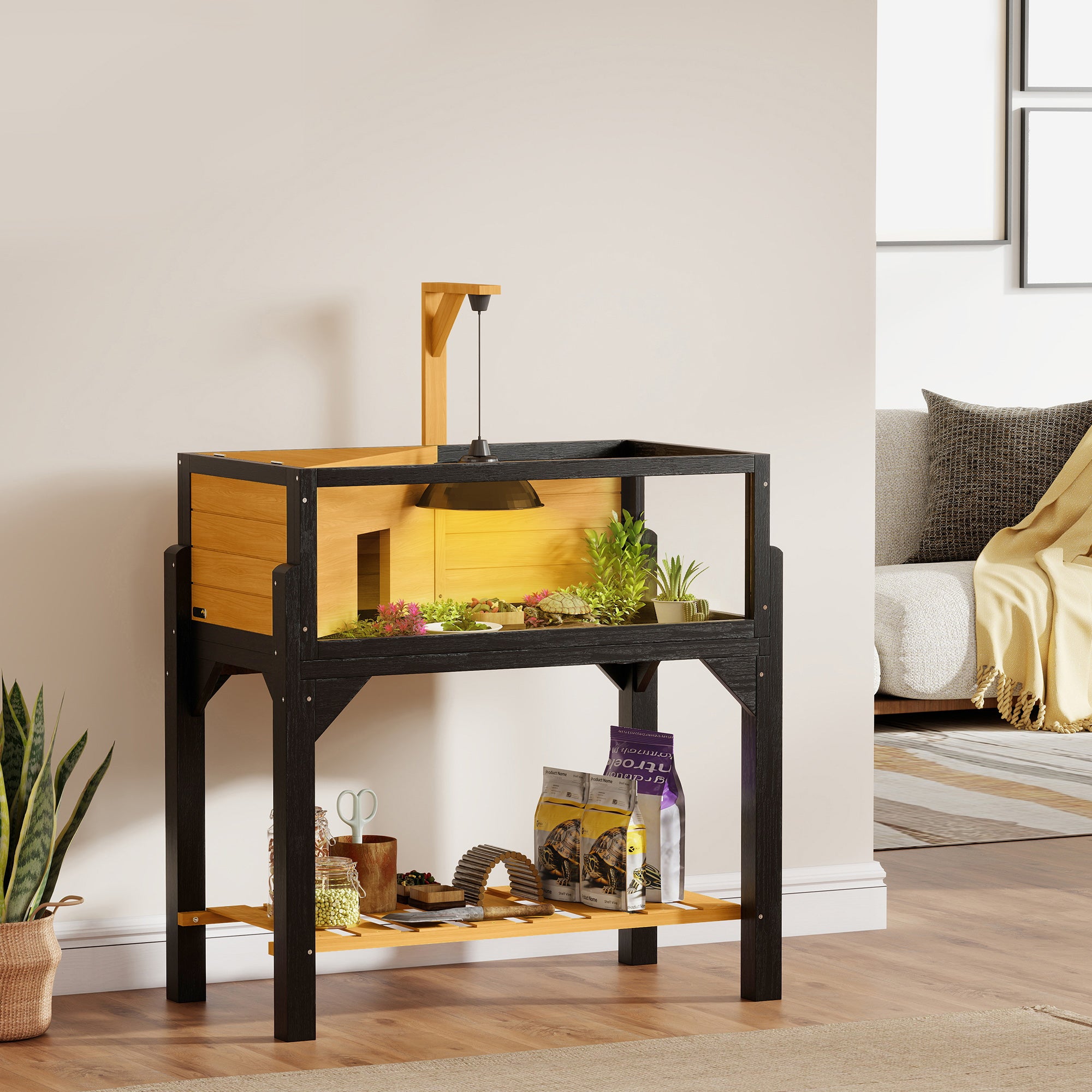 pawhut-terrarium-tortue-bois-avec-tag-re-fen-tres-et-support-lampe-jaune image 4