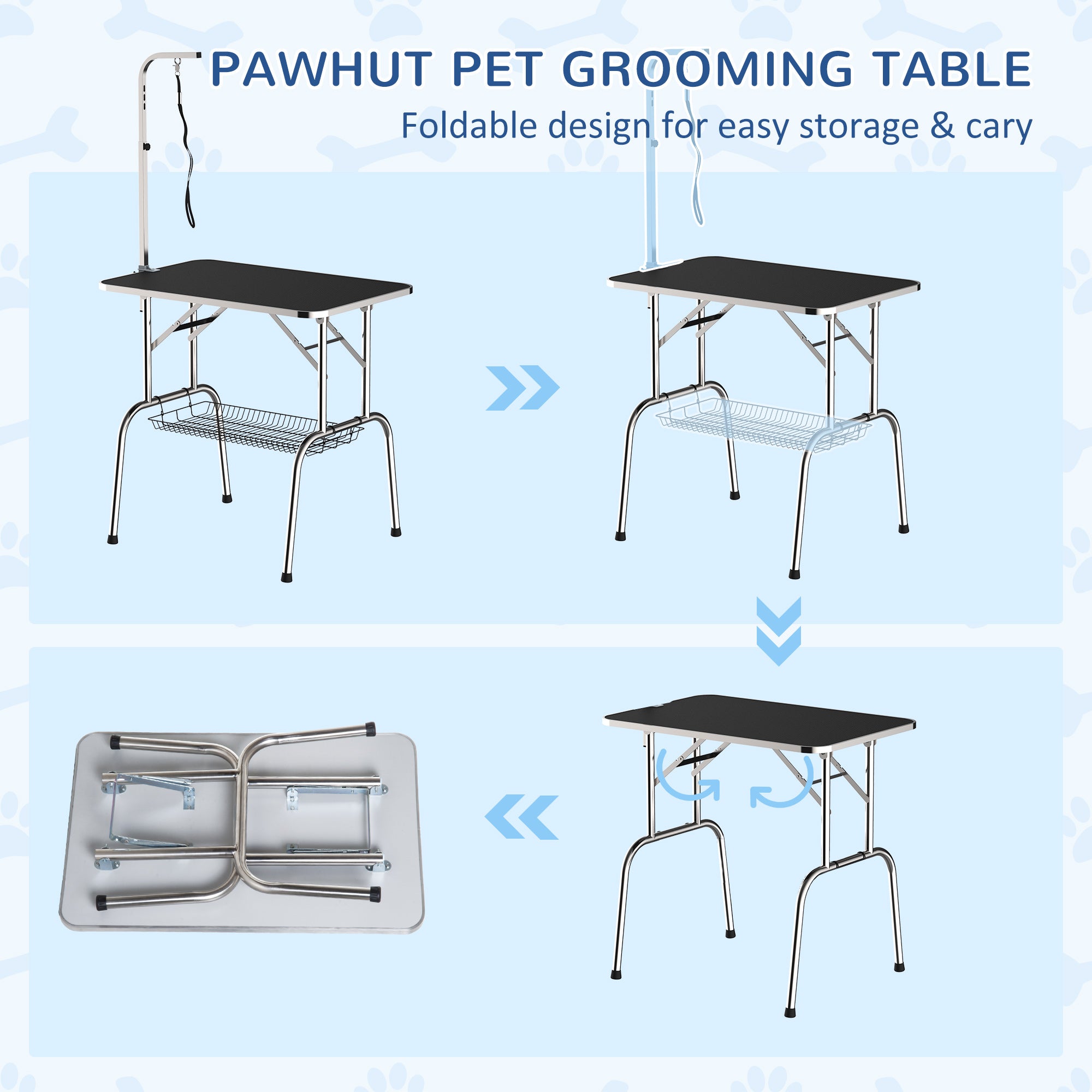 pawhut-table-de-toilettage-pliable-36-avec-bras-r-glable-et-tag-re-noire image 6