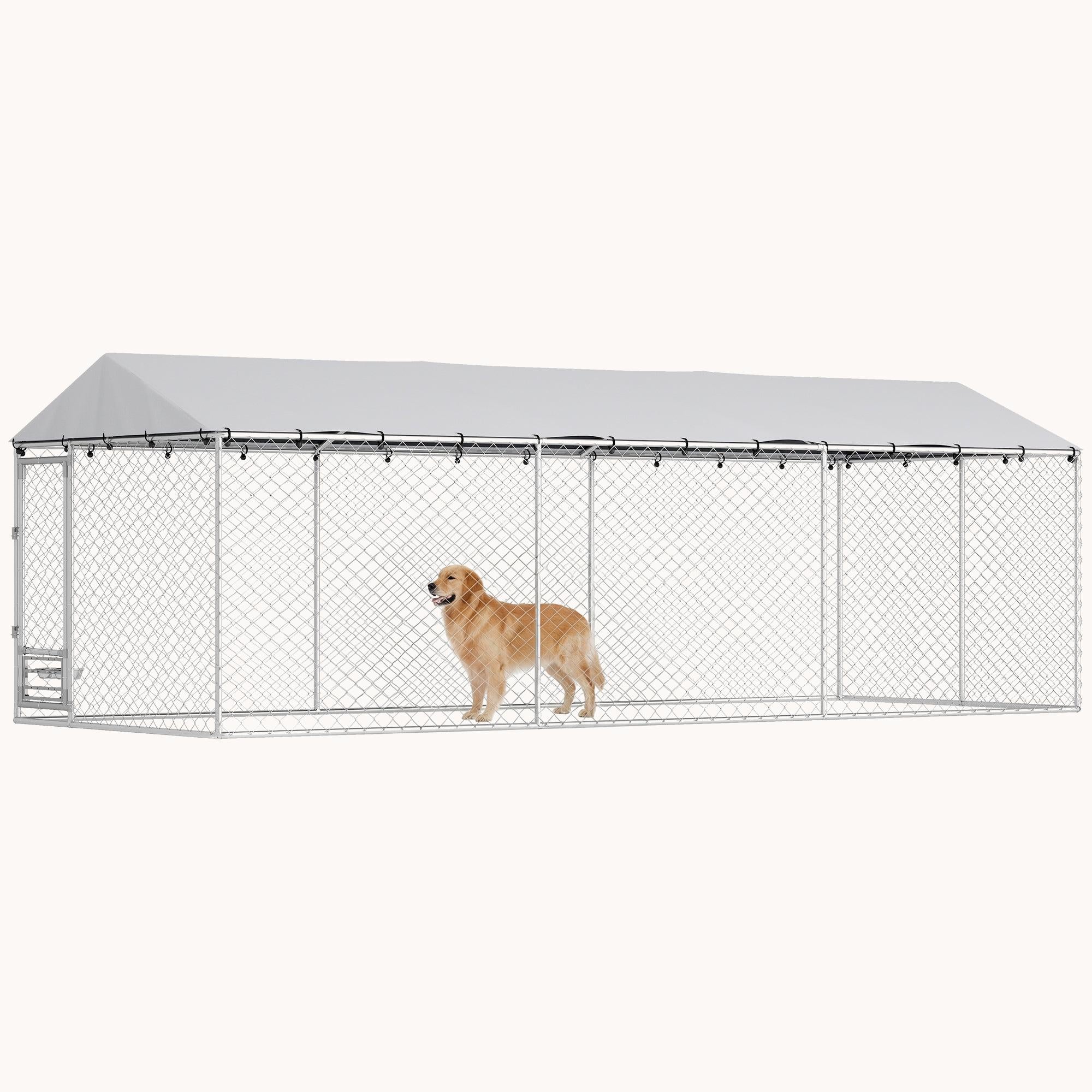 pawhut-chenil-ext-rieur-walk-in-avec-toit-gamelles-et-double-verrouillage-argent image 1