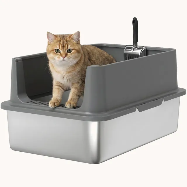 pawhut-liti-re-pour-chat-xl-en-acier-inoxydable-bords-hauts-avec-pelle-et-tapis- image 1