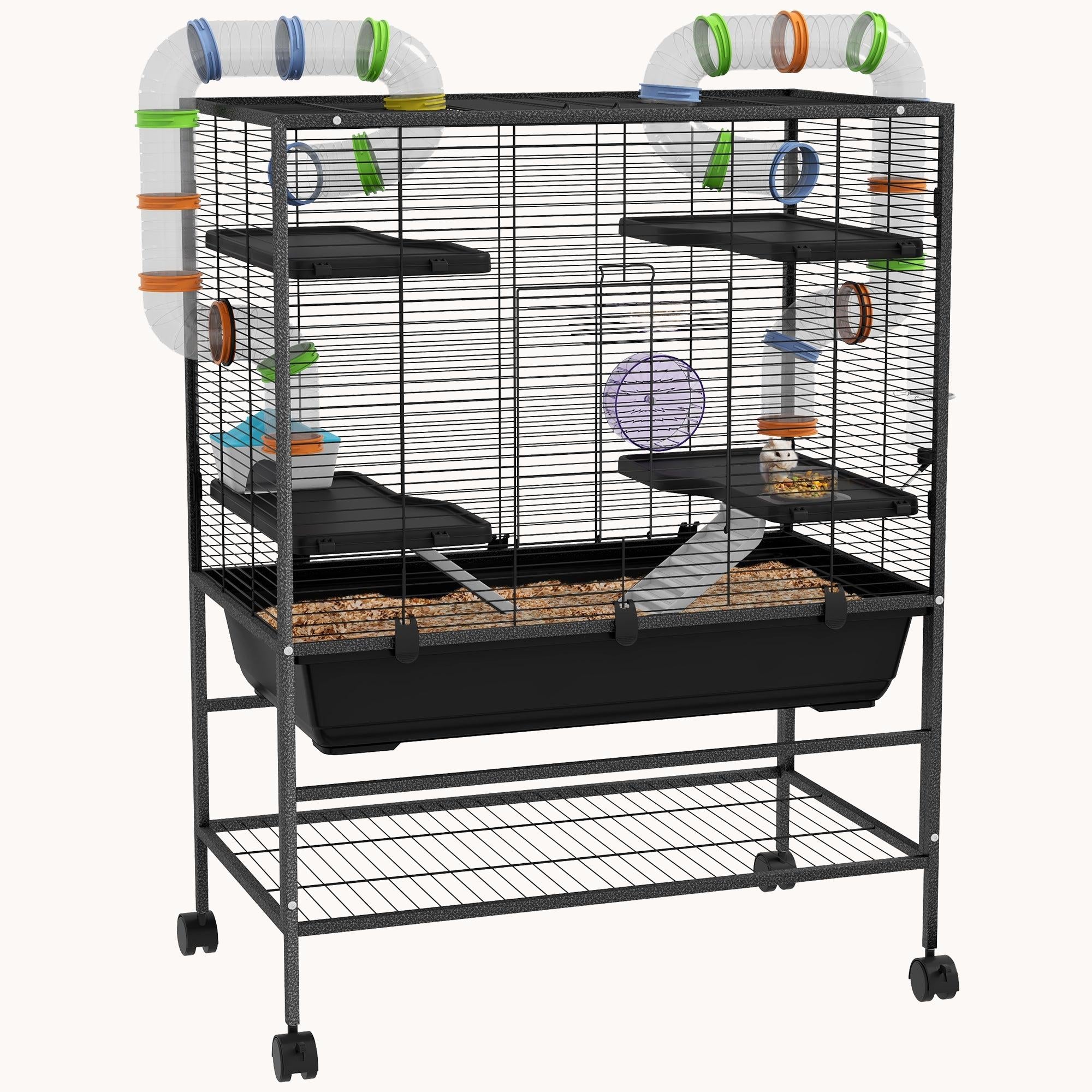 pawhut-cage-hamster-32-grande-avec-tag-re-de-rangement-et-syst-me-de-tubes-noire image 1