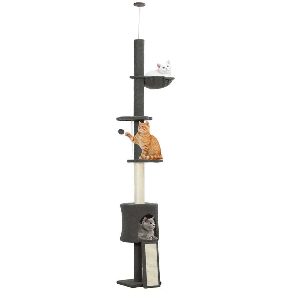 pawhut-arbre-chat-plafond-r-glable-220-240-cm-avec-hamac-gris-fonc image 1