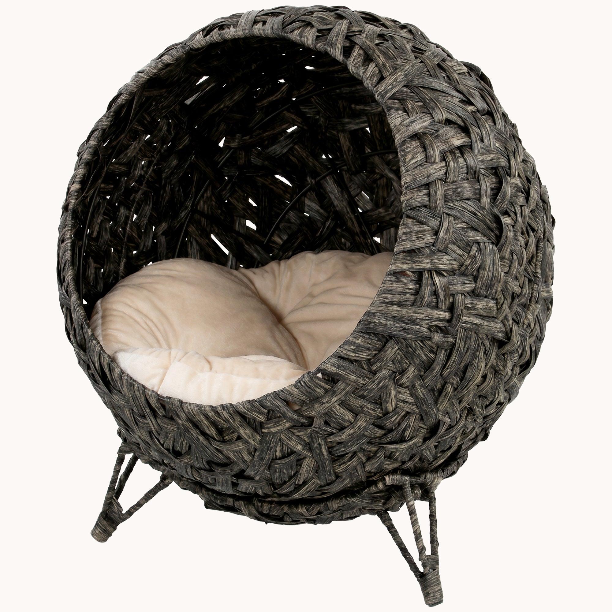 pawhut-lit-chat-sur-lev-rotin-tress-avec-coussin-et-base-m-tal-gris image 2