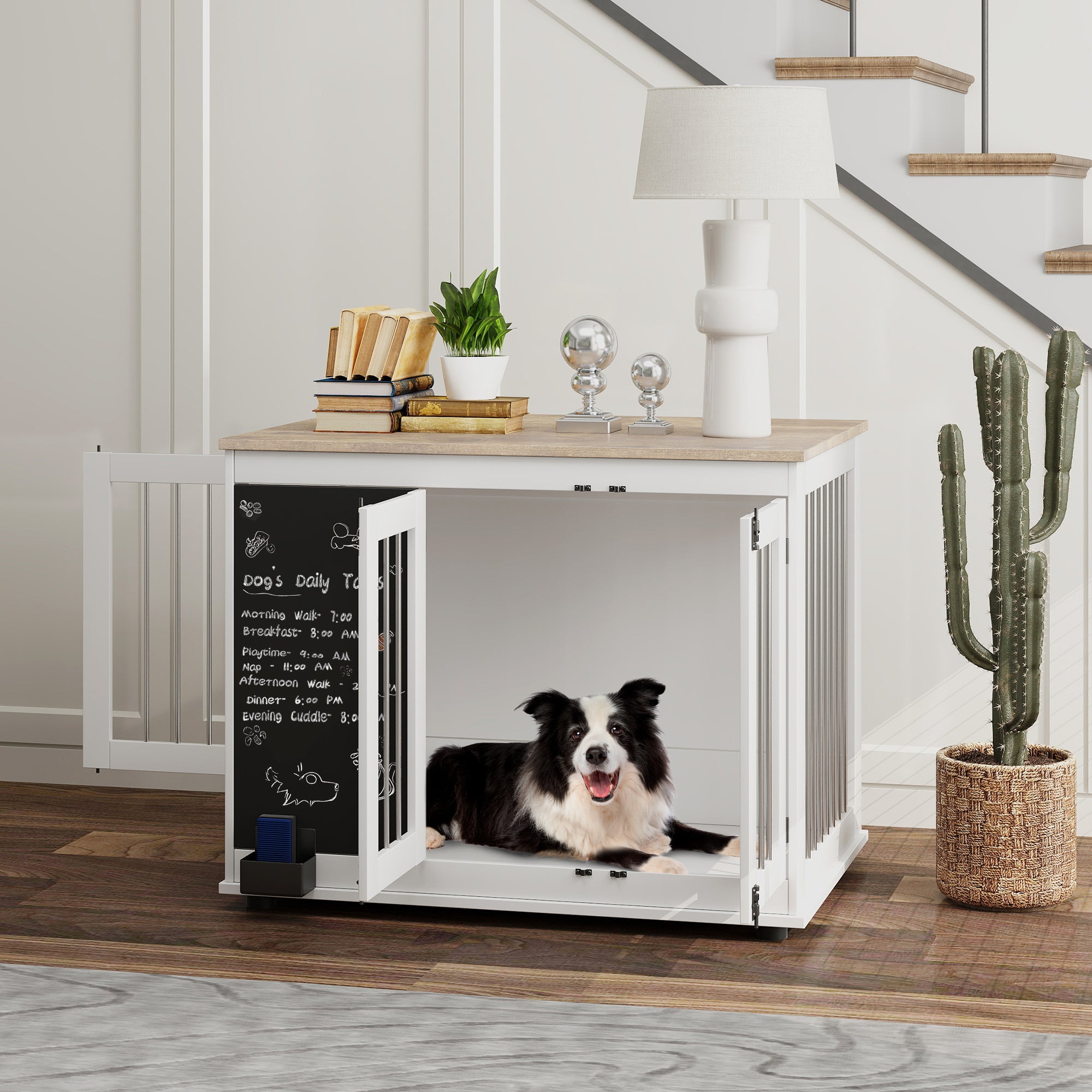 pawhut-niche-chenil-meuble-3-portes-blanche-avec-tableau-noir-pour-grands-chiens image 4