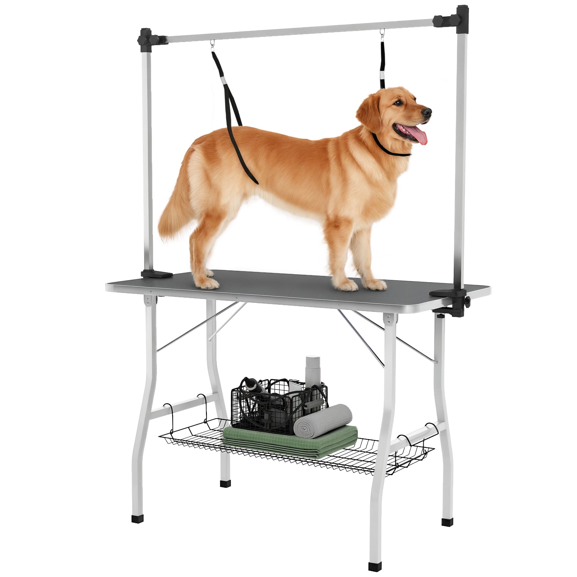 pawhut-table-de-toilettage-chien-pliable-106-cm-avec-bras-r-glable-et-tag-re-noi image 1