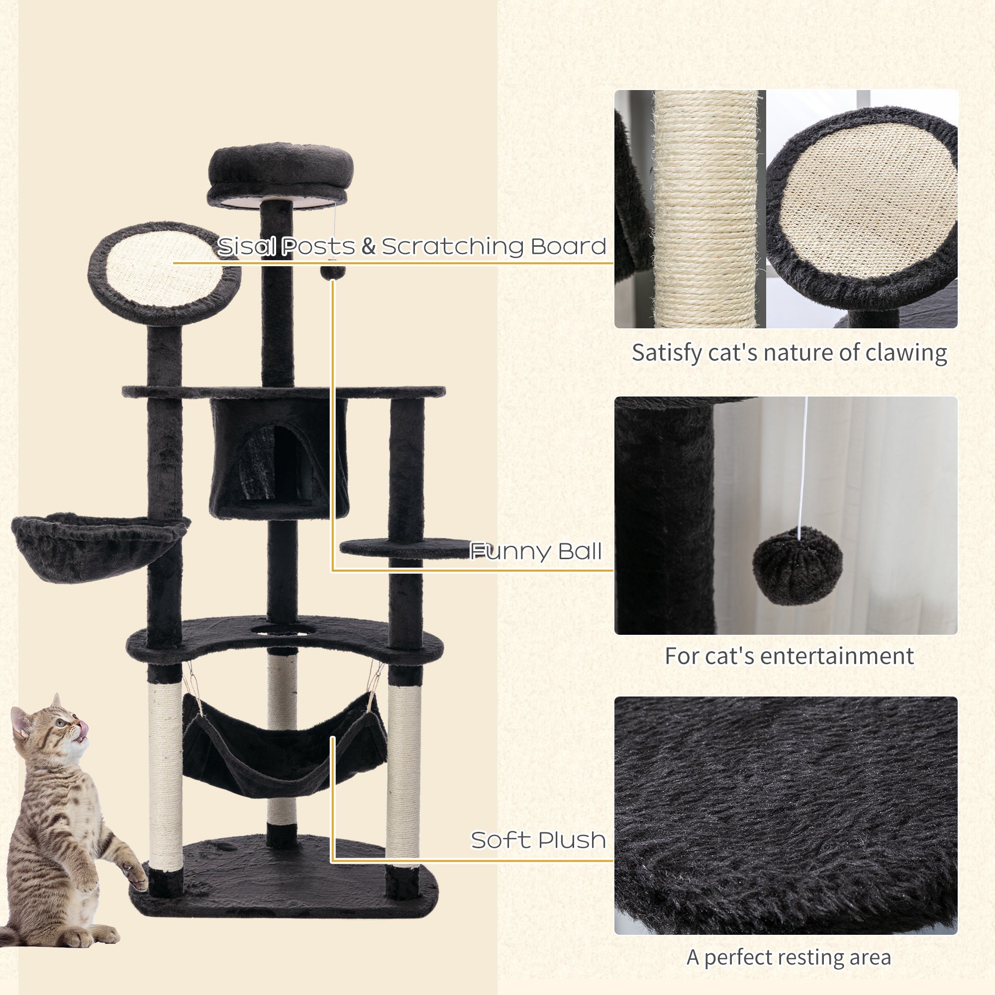 pawhut-arbre-chat-152-cm-avec-niche-2-hamacs-et-griffoirs-gris-fonc image 7