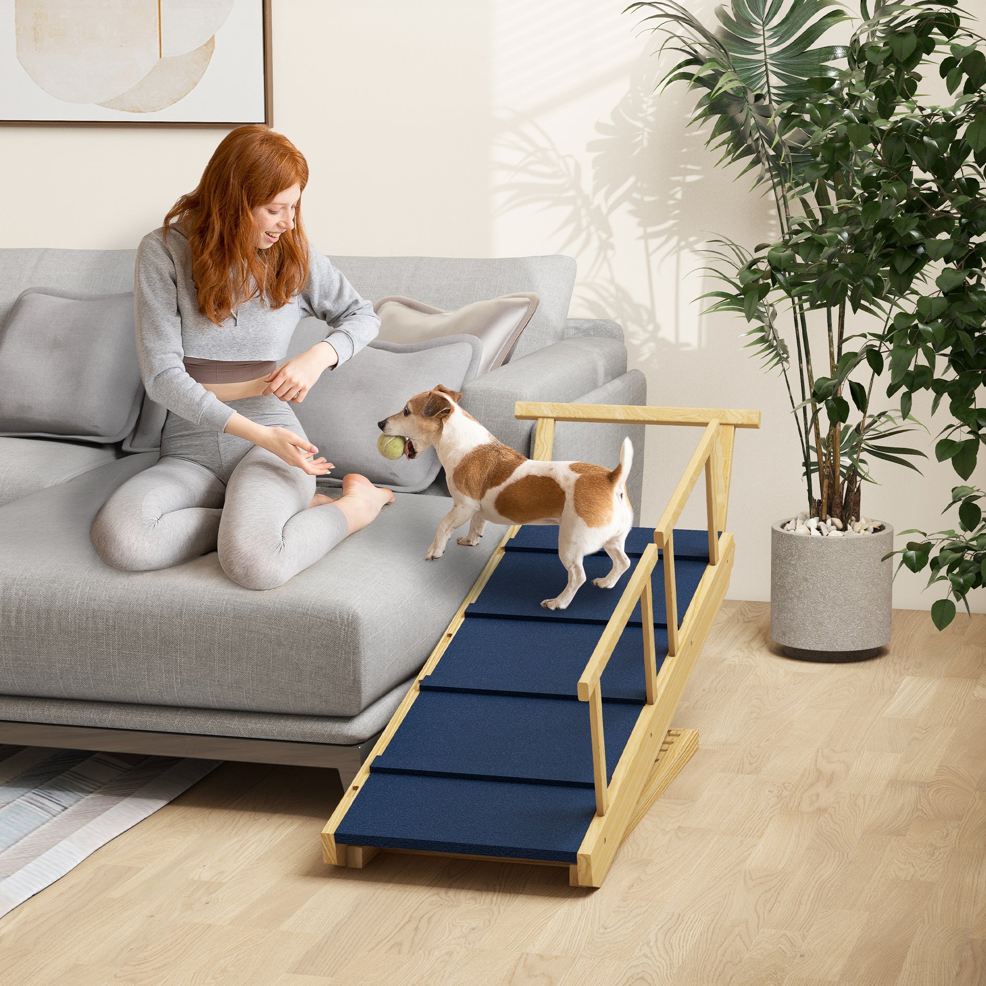 pawhut-rampe-pliable-pour-chien-en-bois-naturel-4-hauteurs-r-glables-tapis-antid image 4