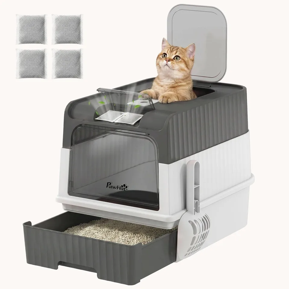 pawhut-bac-liti-re-chat-capot-avec-tiroir-pelle-et-sortie-dessus-gris image 1
