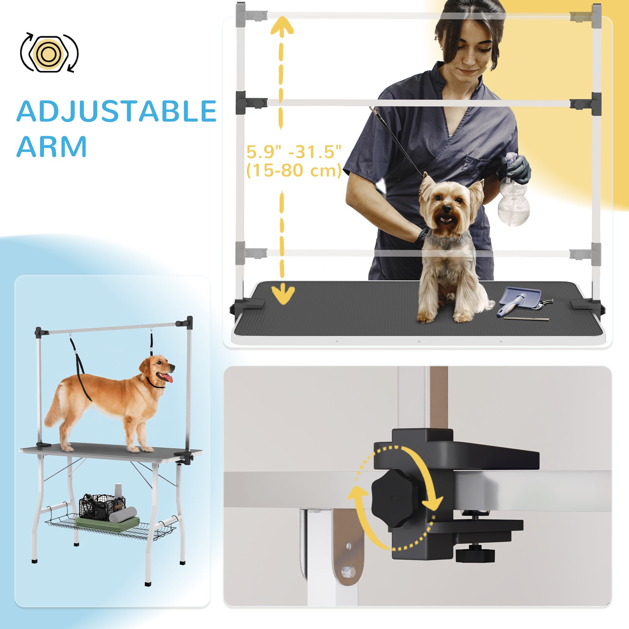 pawhut-table-de-toilettage-chien-pliable-106-cm-avec-bras-r-glable-et-tag-re-noi image 6