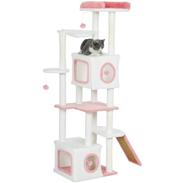 pawhut-arbre-chat-165-cm-blanc-avec-2-niches-hamac-rampe-et-perchoir image 1