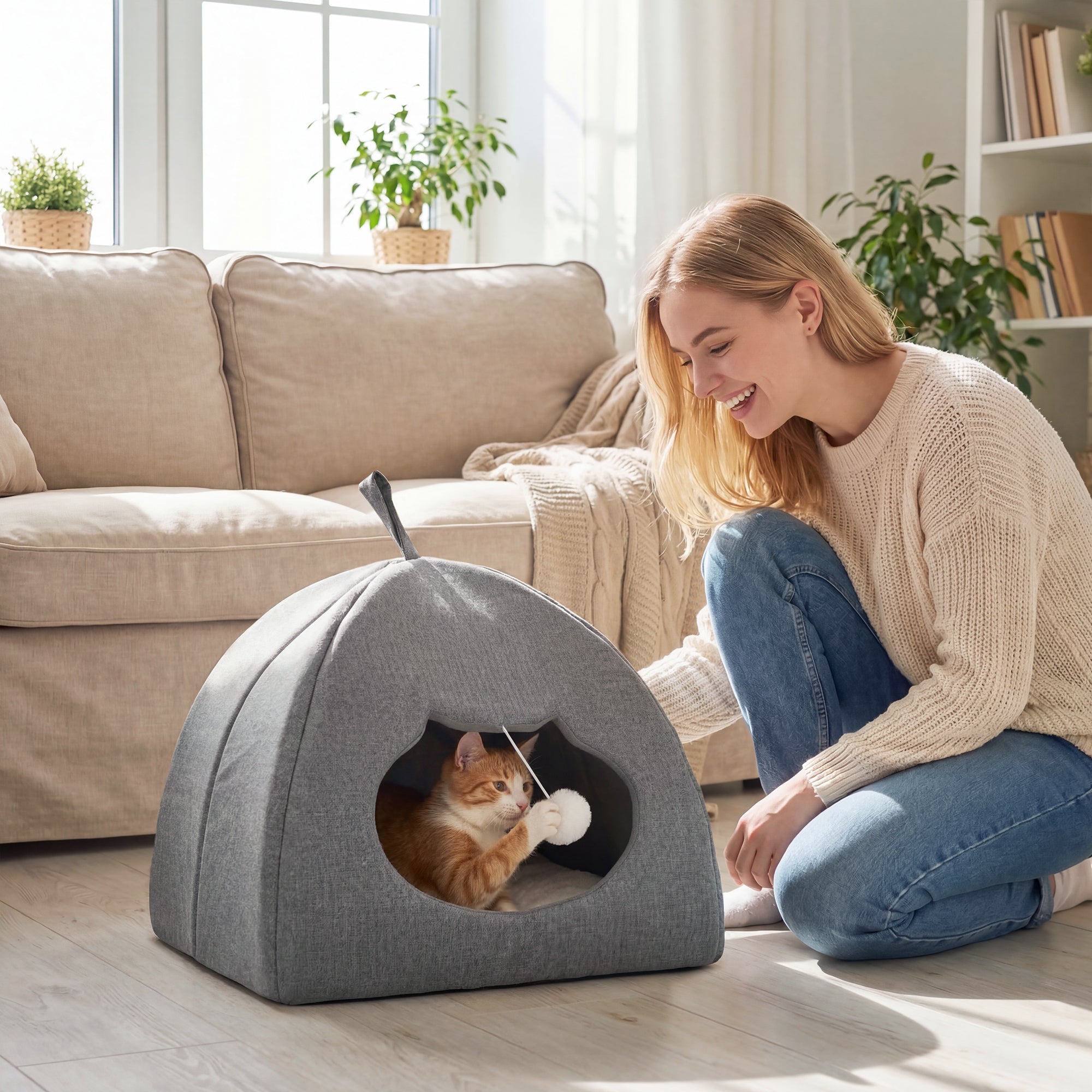 pawhut-grotte-lit-chat-42-x-42-x-39-cm-avec-coussin-r-versible-et-balle-gris image 3