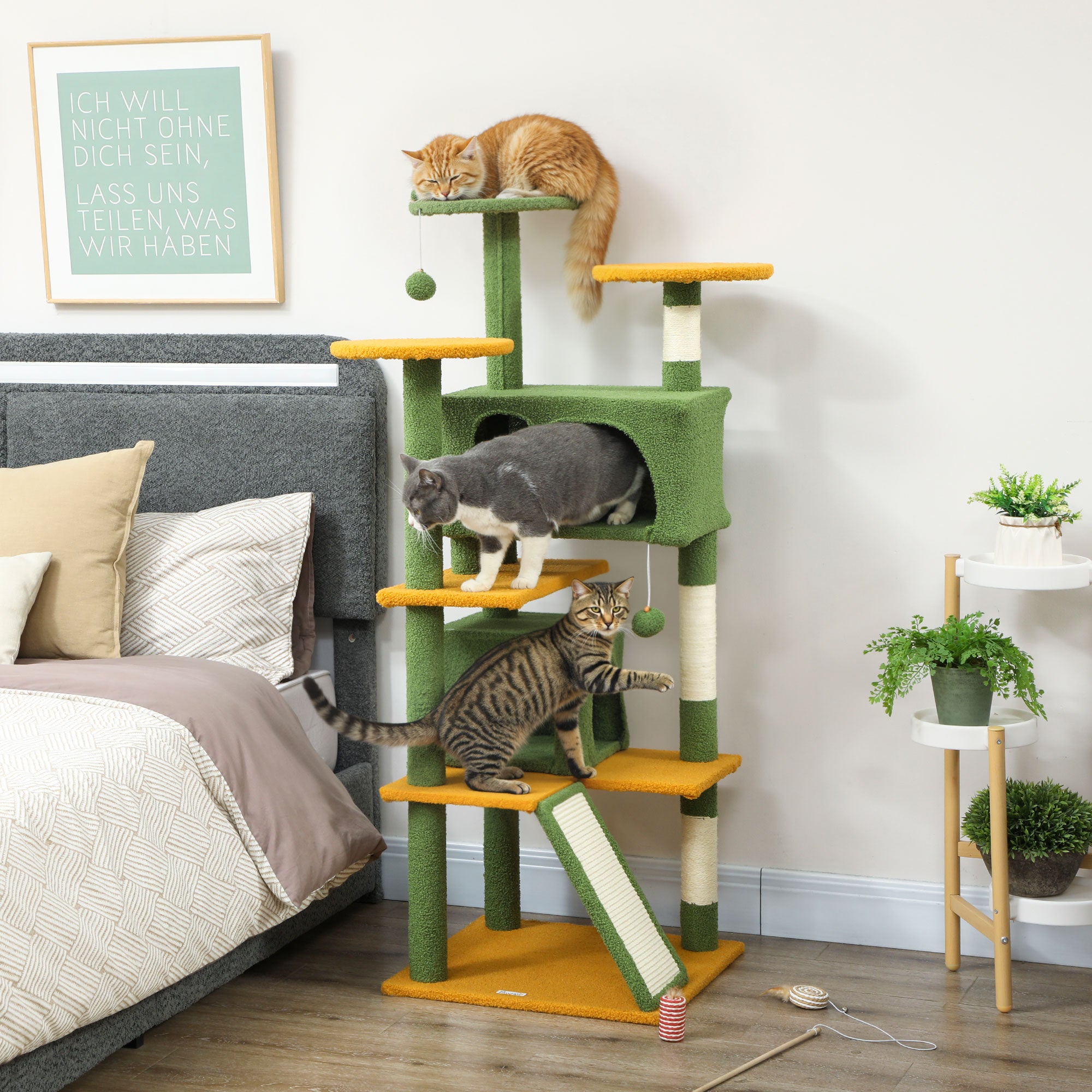 pawhut-arbre-chat-137-cm-vert-avec-2-niches-rampe-hamac-et-griffoir-sisal image 4