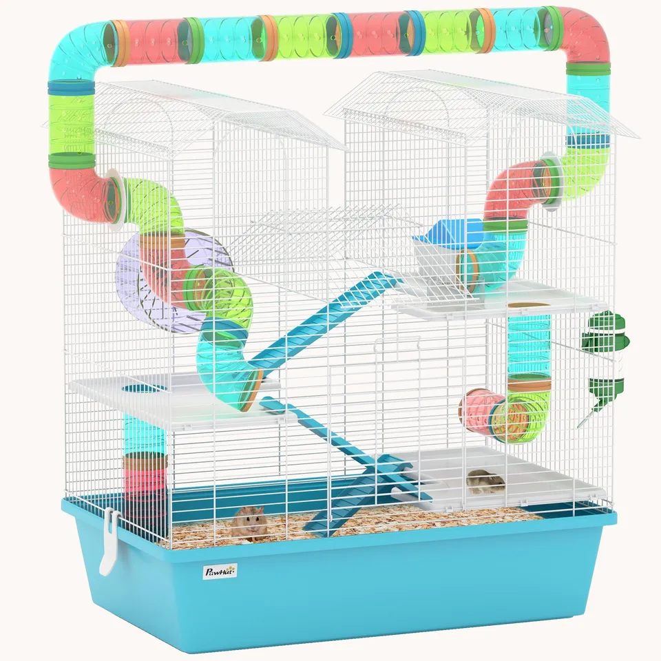 pawhut-cage-hamster-4-tages-double-tour-avec-tubes-roue-et-accessoires-bleu-clai image 1