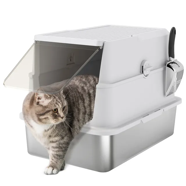 pawhut-bac-liti-re-inox-xl-ferm-avec-couvercle-basculant-et-pelle-gris-clair image 1