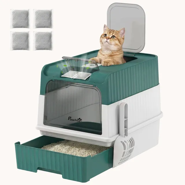 pawhut-bac-liti-re-pour-chat-ferm-avec-tiroir-et-sortie-par-le-dessus-turquoise image 1