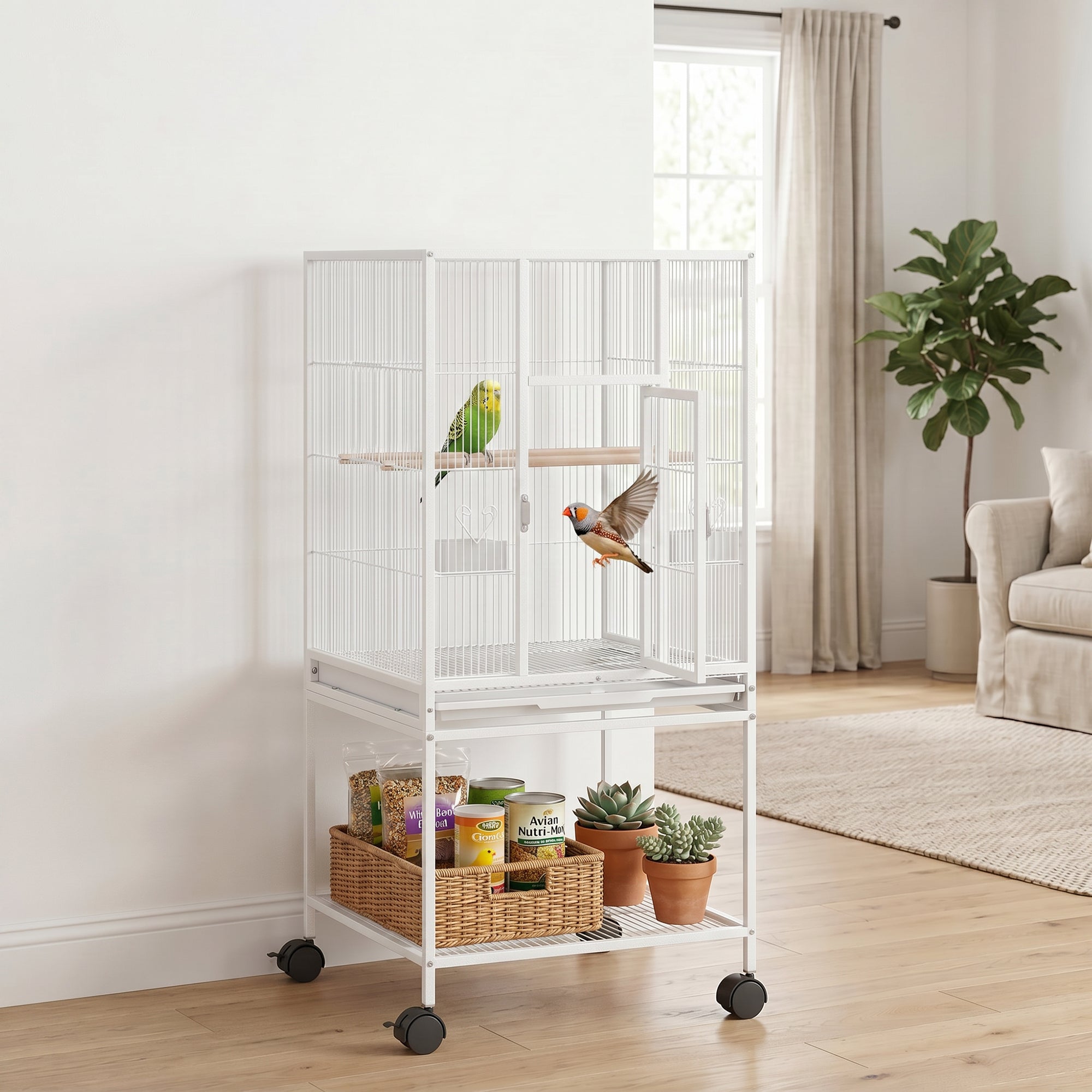 pawhut-cage-oiseaux-d-tachable-sur-roulettes-avec-tag-re-blanche-pour-petits-ois image 4