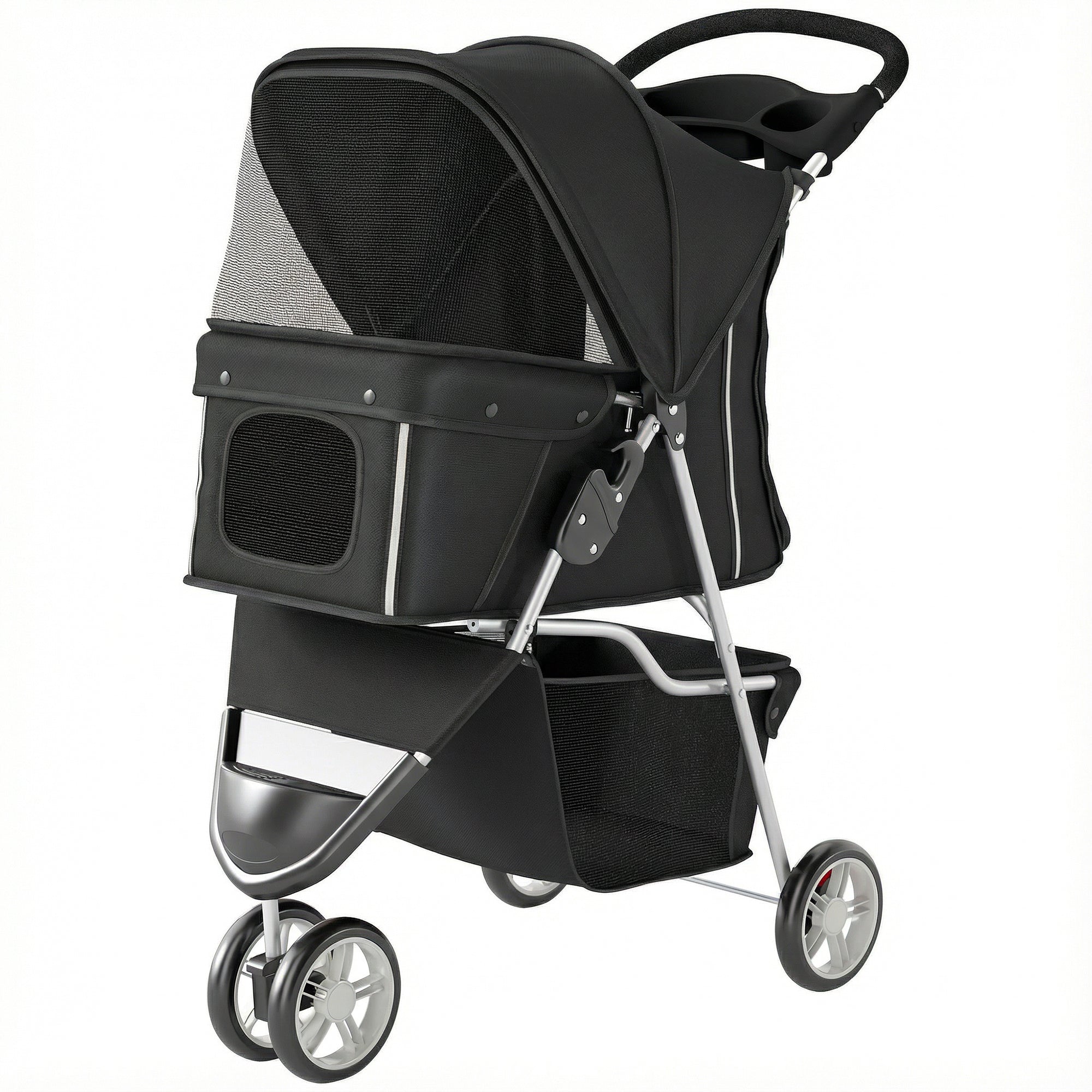 pawhut-poussette-chien-et-chat-pliable-3-roues-avec-porte-gobelet-noir image 2