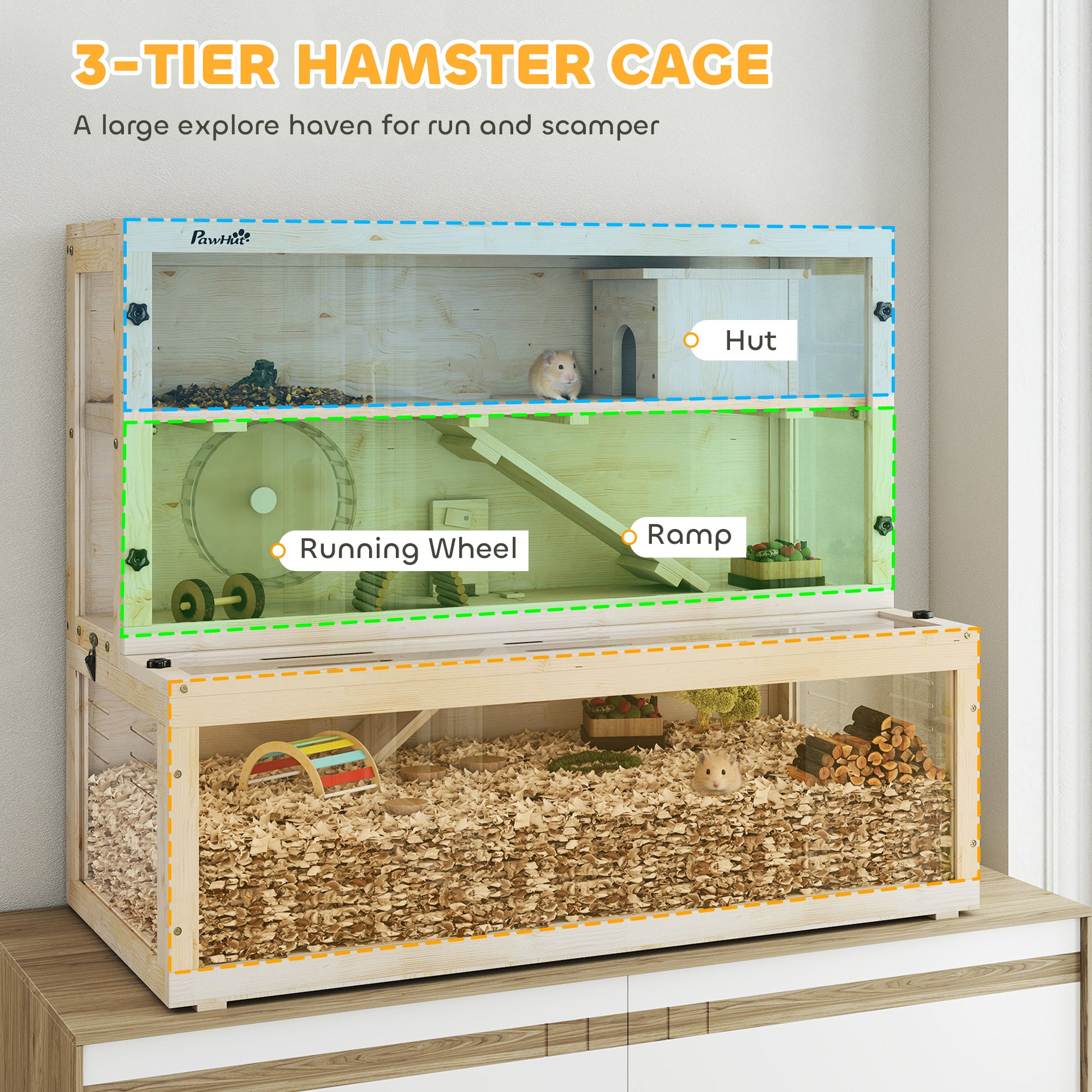 pawhut-cage-hamster-bois-3-tages-100-x-50-x-84-cm-avec-roue image 6