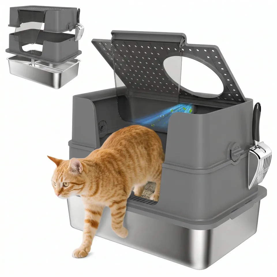 pawhut-liti-re-pour-chat-xl-en-acier-inoxydable-avec-couvercle-rabattable-100-en image 1