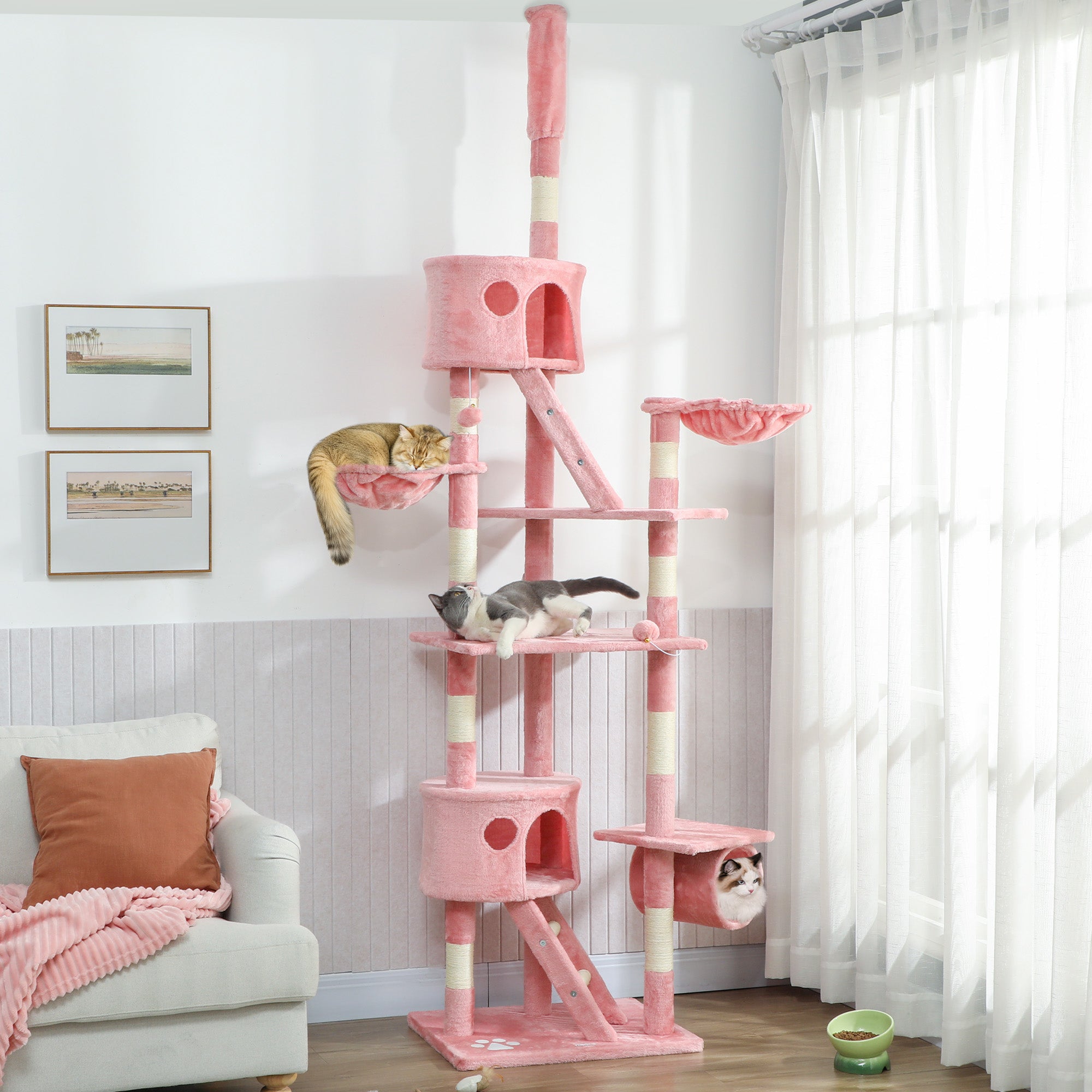 pawhut-arbre-chat-du-sol-au-plafond-7-niveaux-avec-hamacs-rose image 3