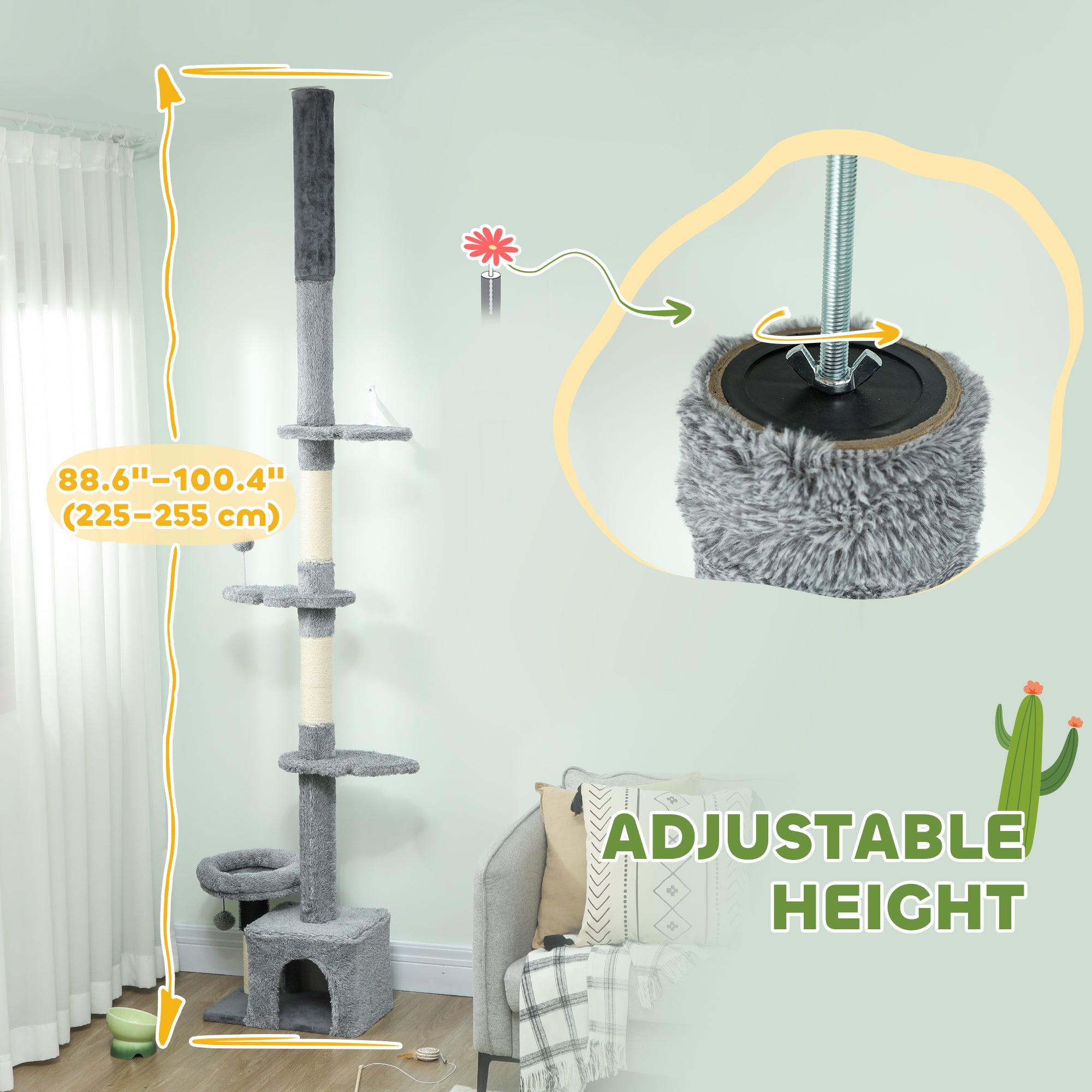 pawhut-arbre-chat-sol-plafond-hauteur-r-glable-avec-niche-gris-225-255-cm image 6