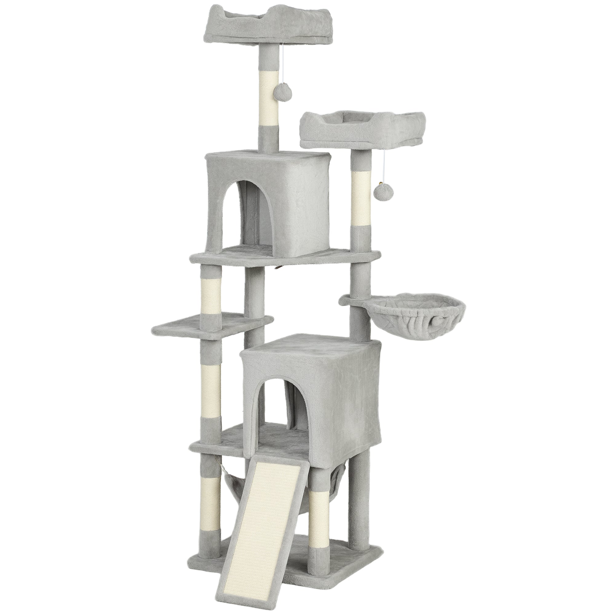 pawhut-arbre-chat-177-cm-avec-2-niches-2-perchoirs-et-hamac-gris-clair image 2