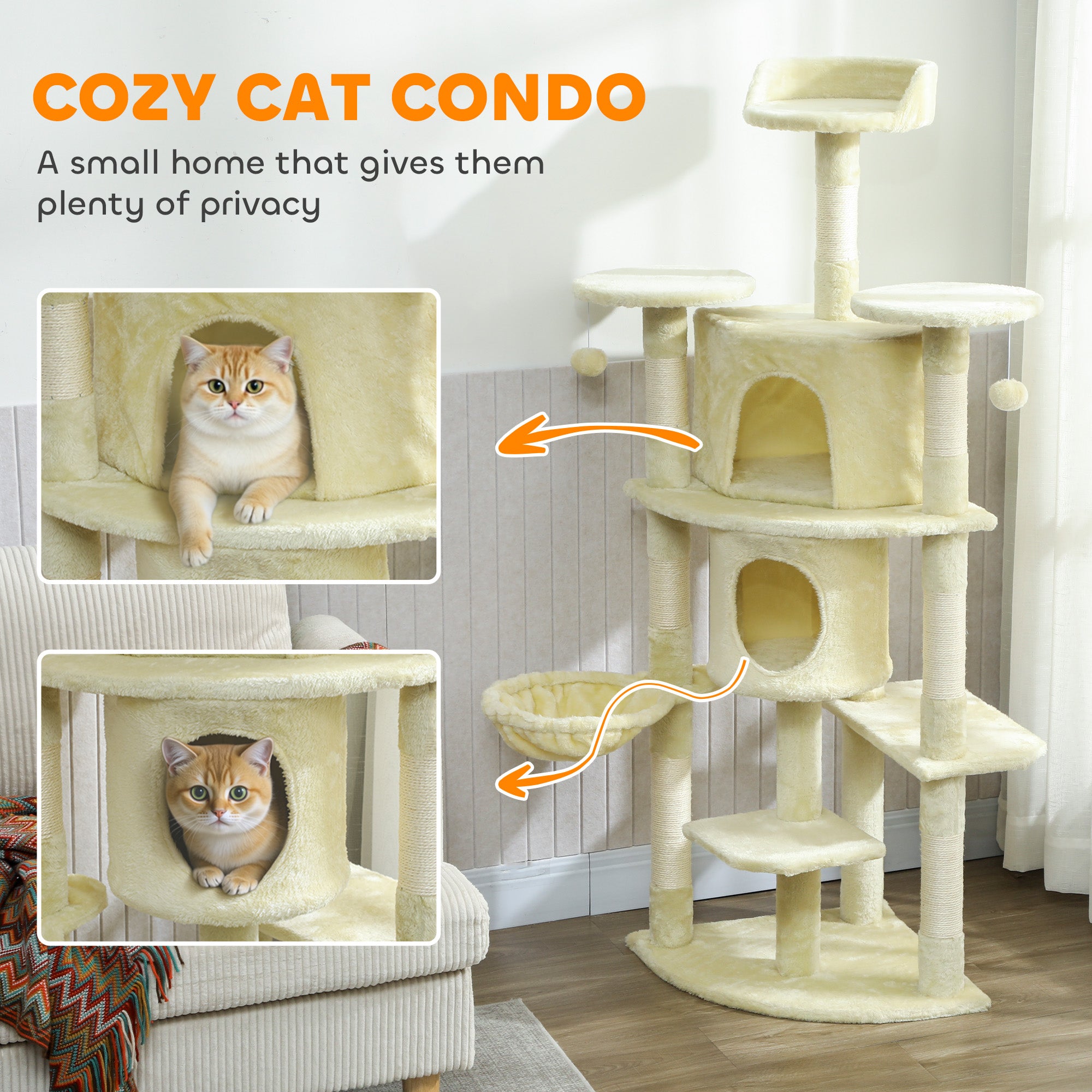 pawhut-arbre-chat-157-cm-avec-2-niches-hamac-et-perchoirs-beige image 7