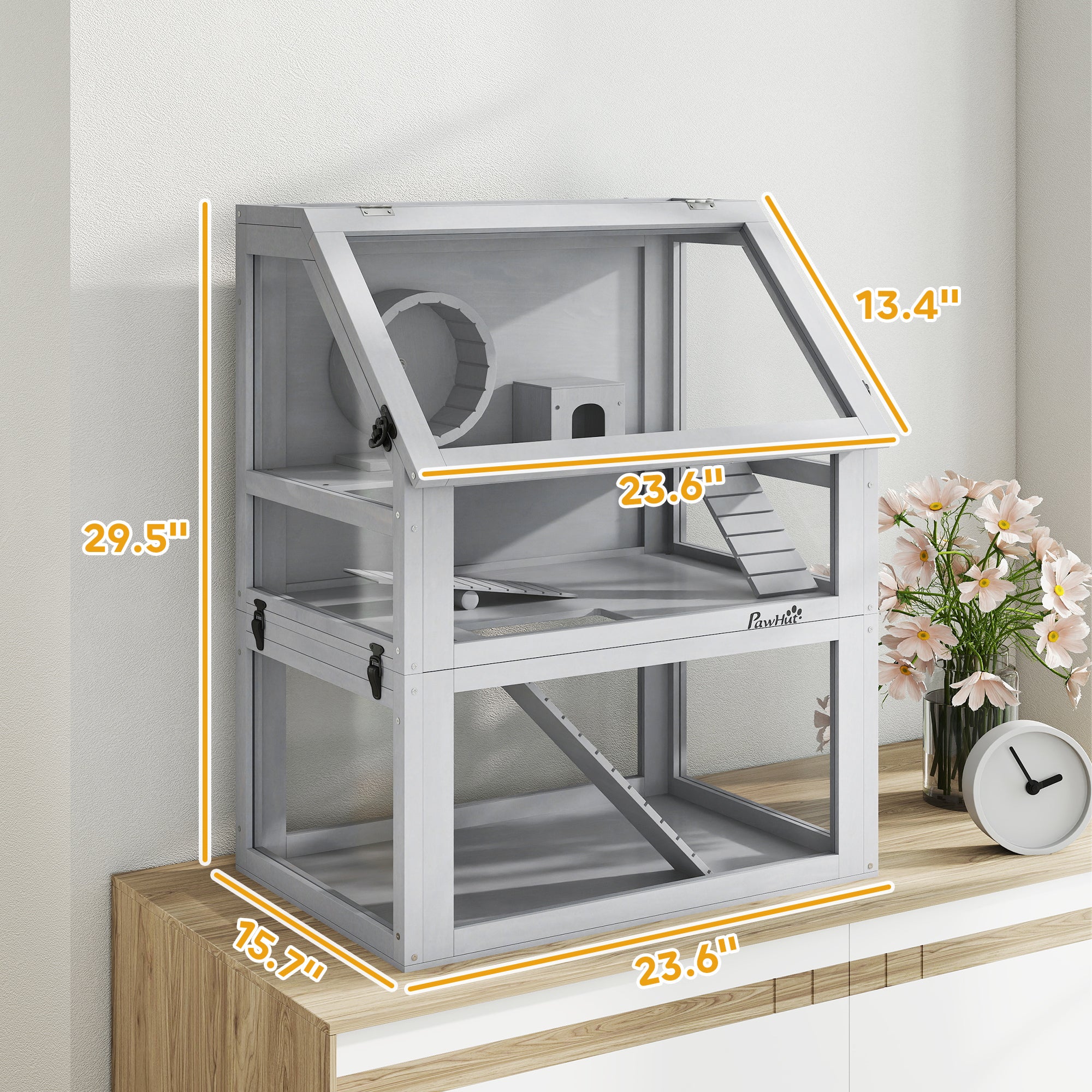 pawhut-cage-pour-hamster-en-bois-3-tages-avec-roue-amovible-et-rampes-61-x-41-x- image 5