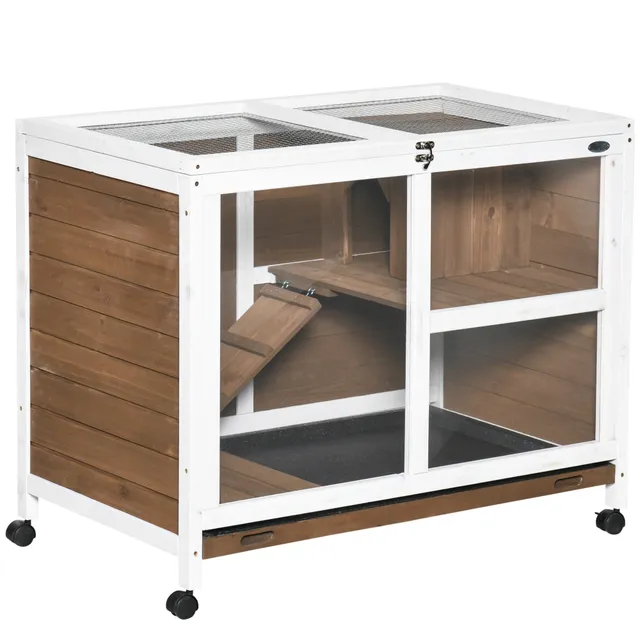 pawhut-cage-pour-petit-animal-en-bois-2-tages-toit-ouvrant-mobile-marron image 1