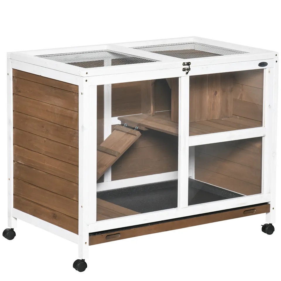 pawhut-cage-pour-petit-animal-en-bois-2-tages-toit-ouvrant-mobile-marron image 1