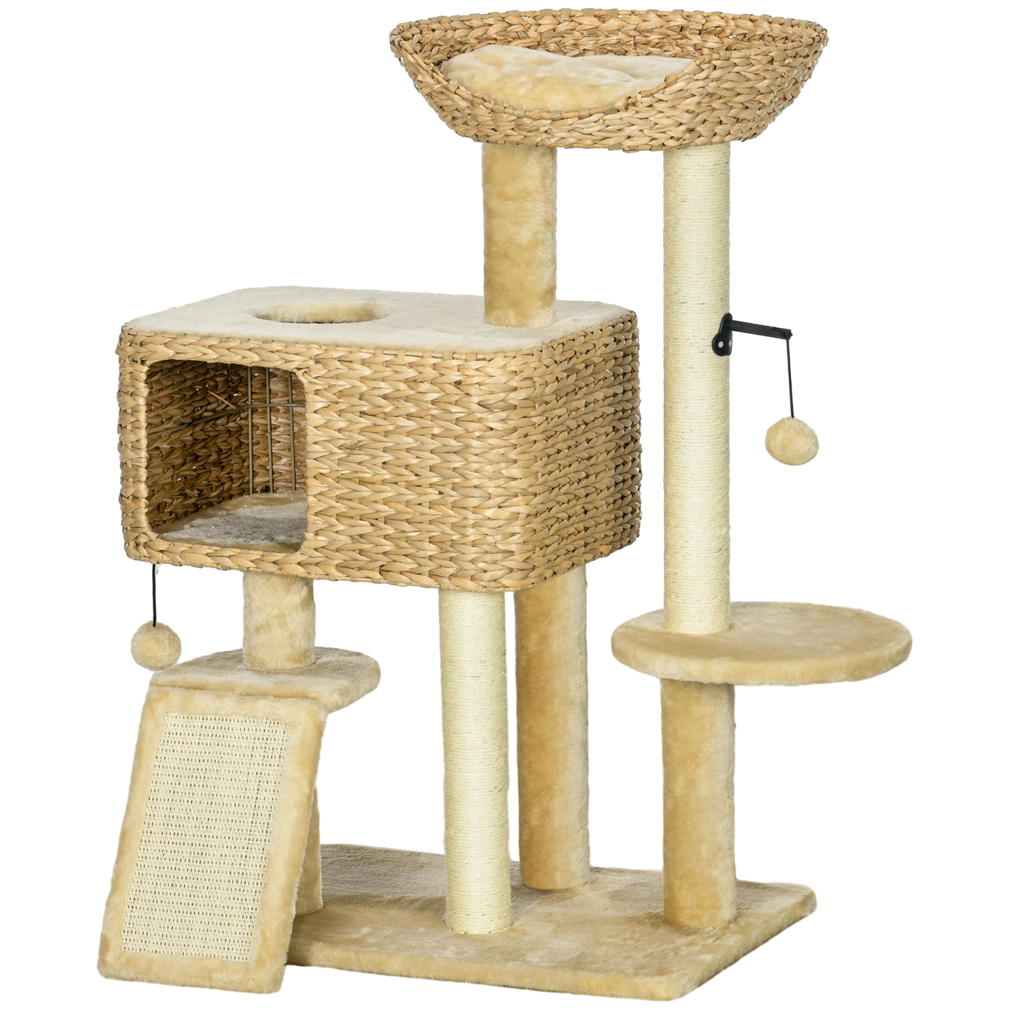 pawhut-arbre-chat-98-cm-avec-niche-rampe-et-griffoirs-beige image 2