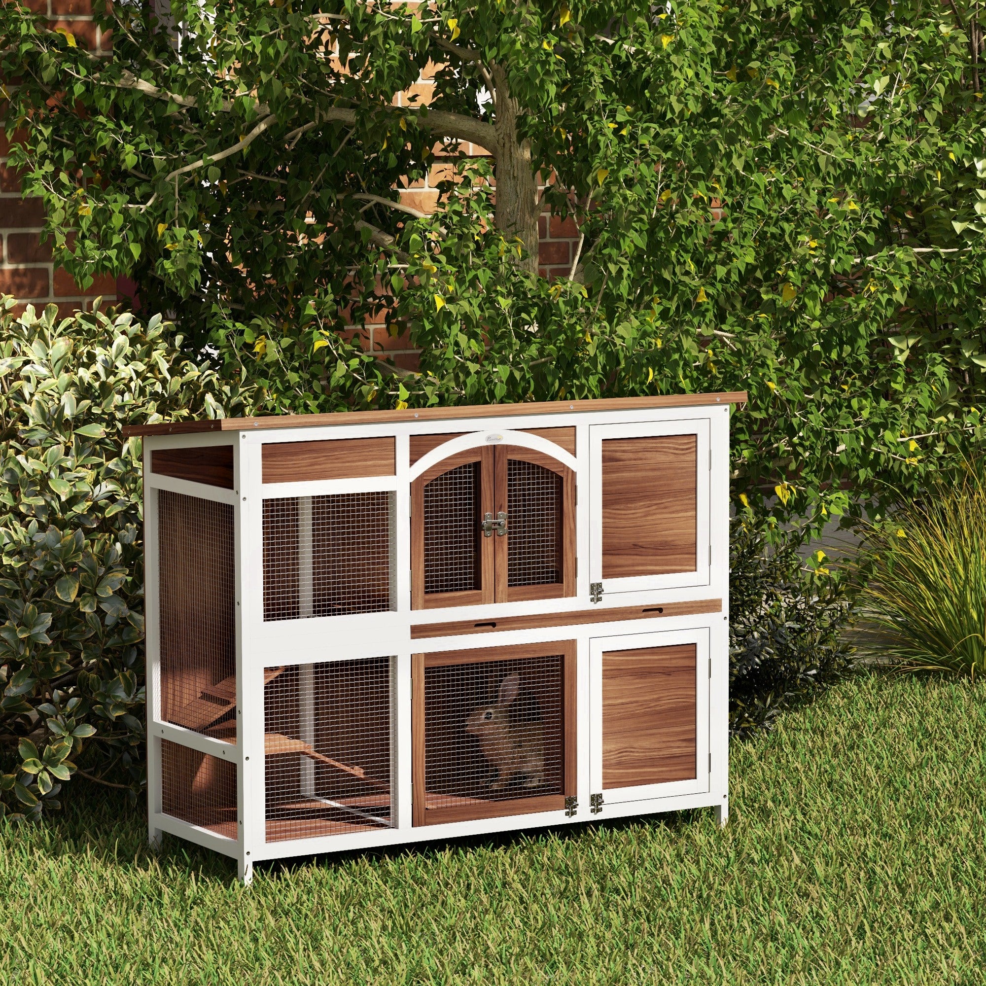 pawhut-clapier-lapin-2-tages-avec-rampe-s-parateur-et-tiroir-marron image 4